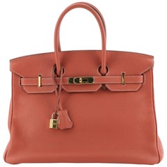 Hermes Birkin Handbag Sanguine Clemence with Gold Hardware 35