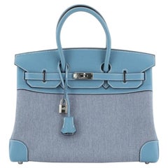 Hermes Birkin Handbag Toile Jean and Bleu Jean Clemence with Palladium Hardware 