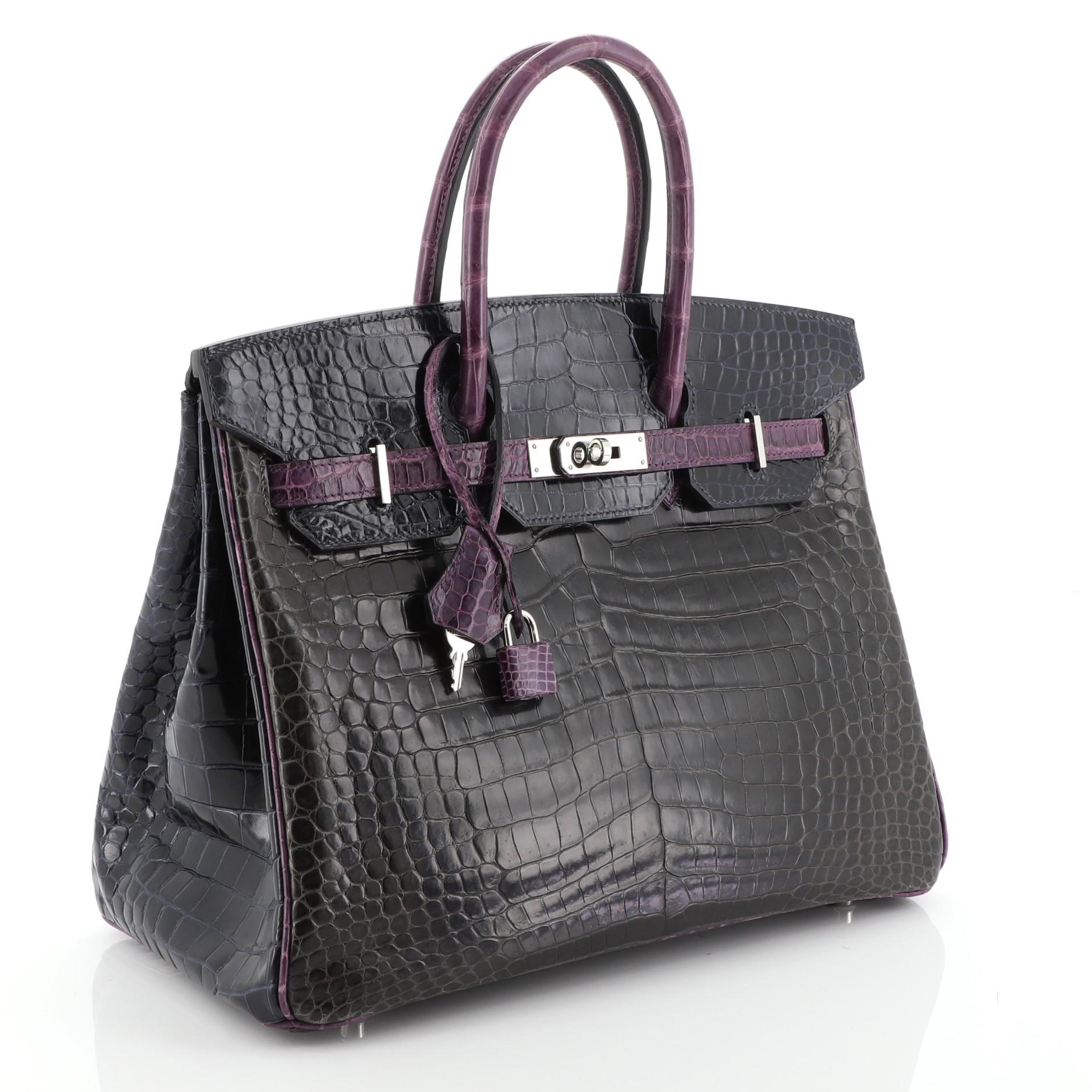 Black Hermes Birkin Handbag Tricolor Shiny Porosus Crocodile with Palladium Hardware 3