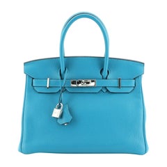 Hermes Birkin Handbag Turquoise Clemence with Palladium Hardware 30