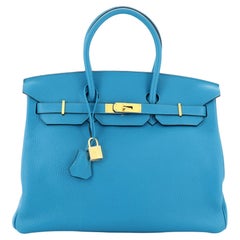 Hermès - Sac à main Birkin turquoise Togo avec finitions métalliques dorées 35