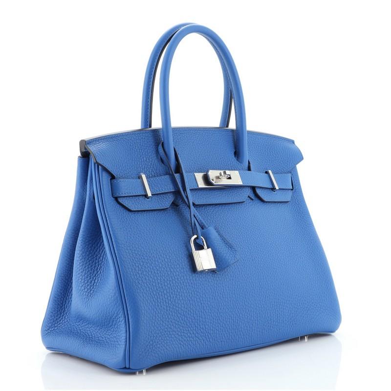 Blue Hermes Birkin Handbag Verso Clemence with Palladium Hardware 30