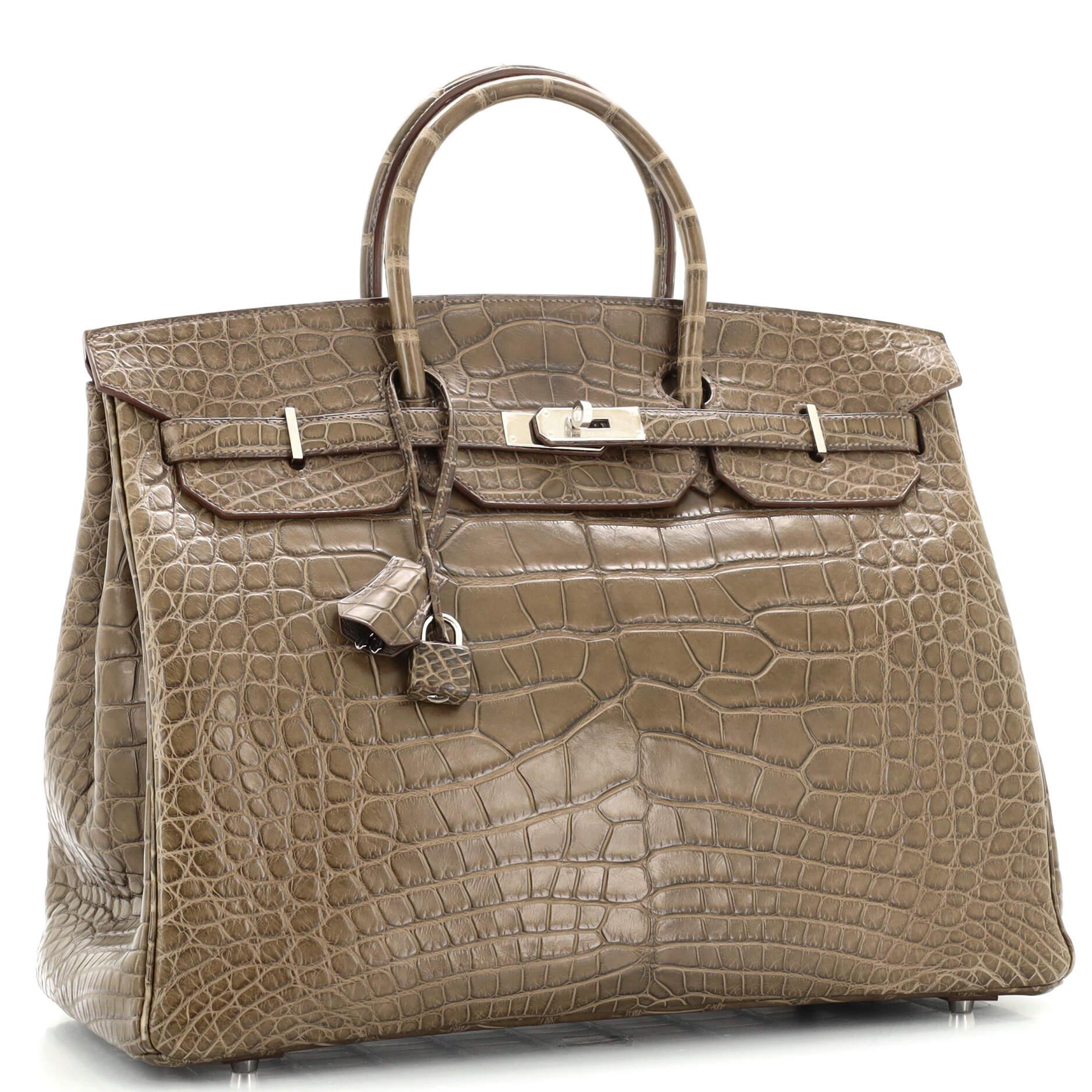Brown Hermes Birkin Handbag Vert Olive Matte Alligator with Palladium Hardware 40