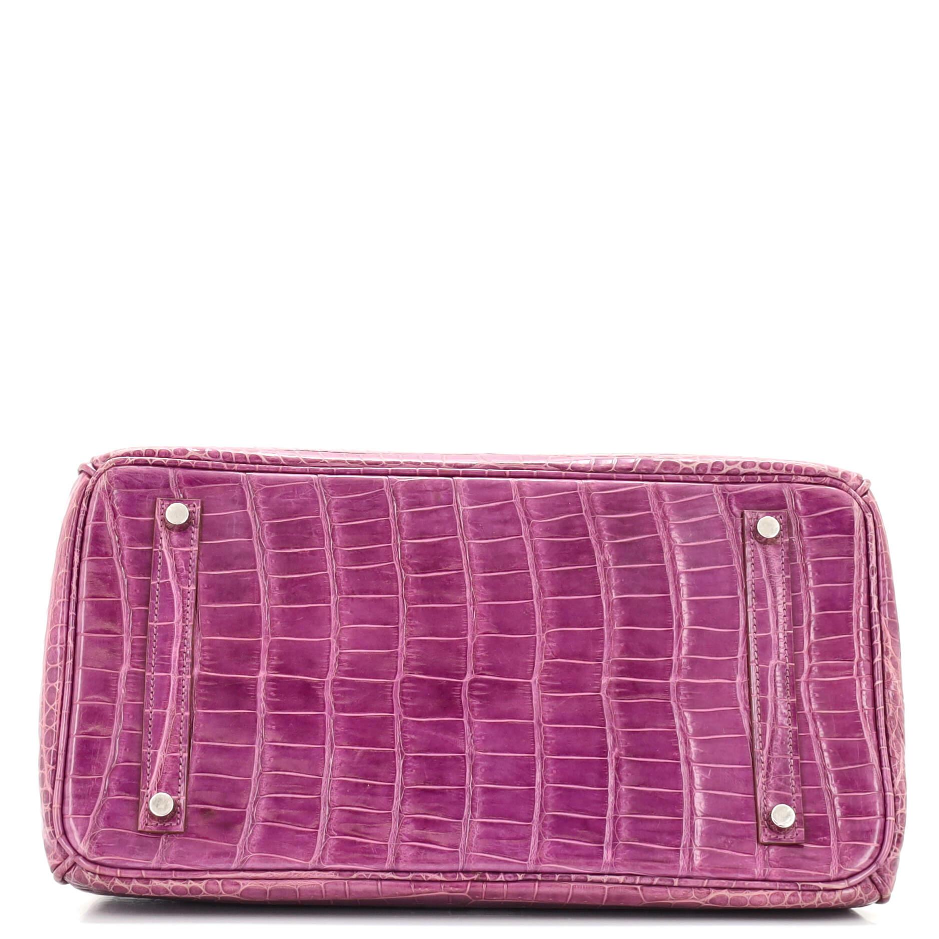 Pink Hermes Birkin Handbag Violet Shiny Porosus Crocodile with Palladium Hardware 35