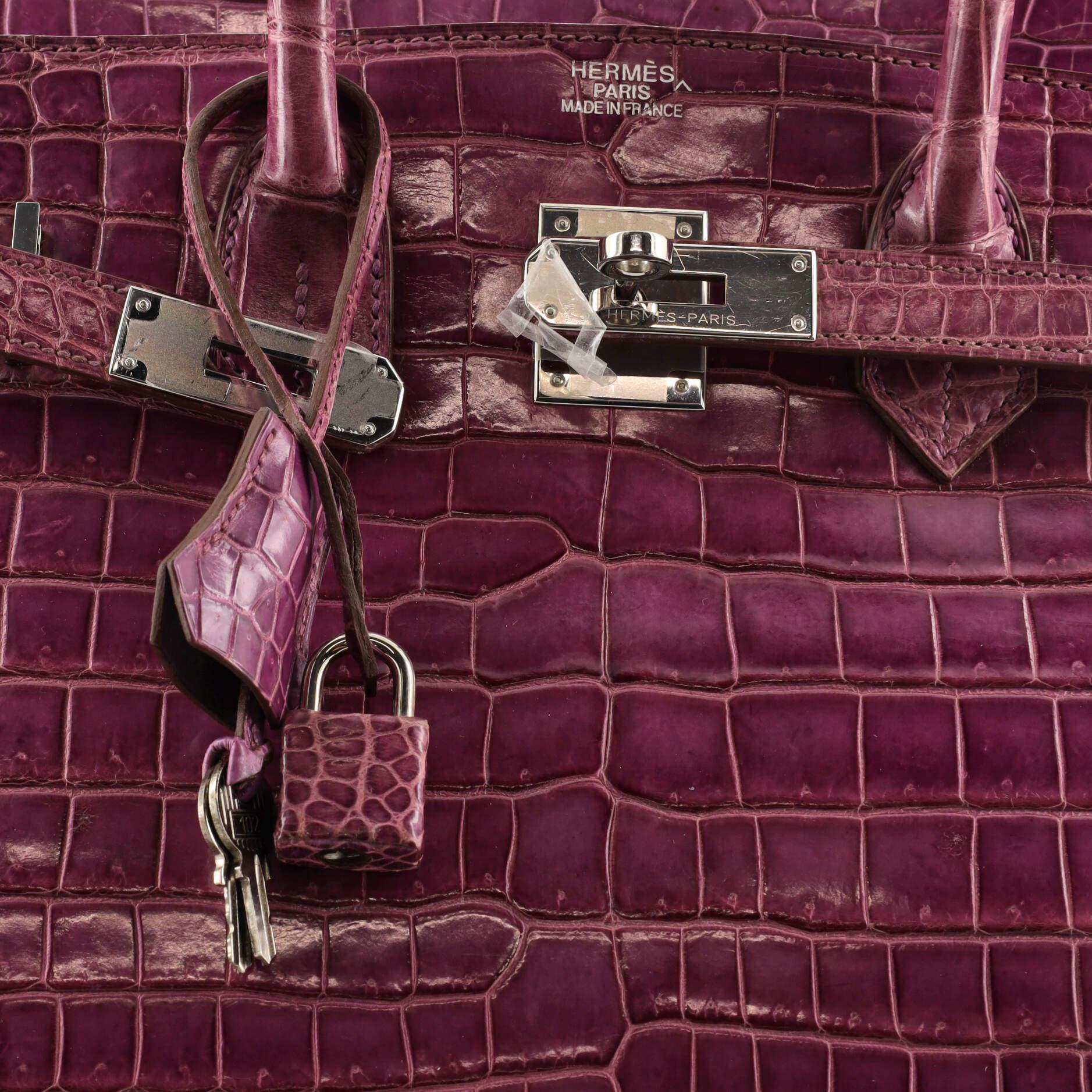 Women's or Men's Hermes Birkin Handbag Violet Shiny Porosus Crocodile with Palladium Hardware 35