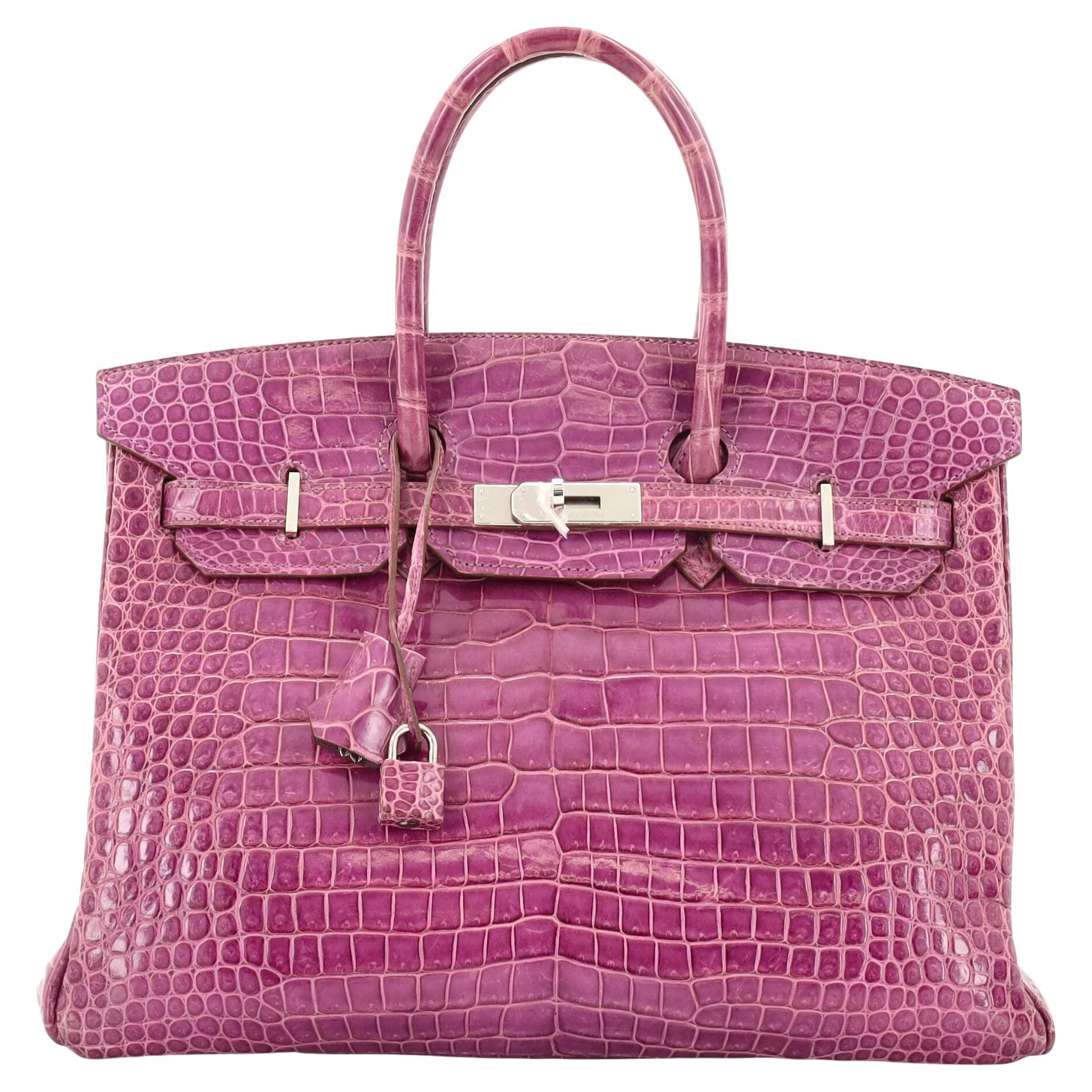 Hermes Birkin Handbag Violet Shiny Porosus Crocodile with Palladium Hardware 35