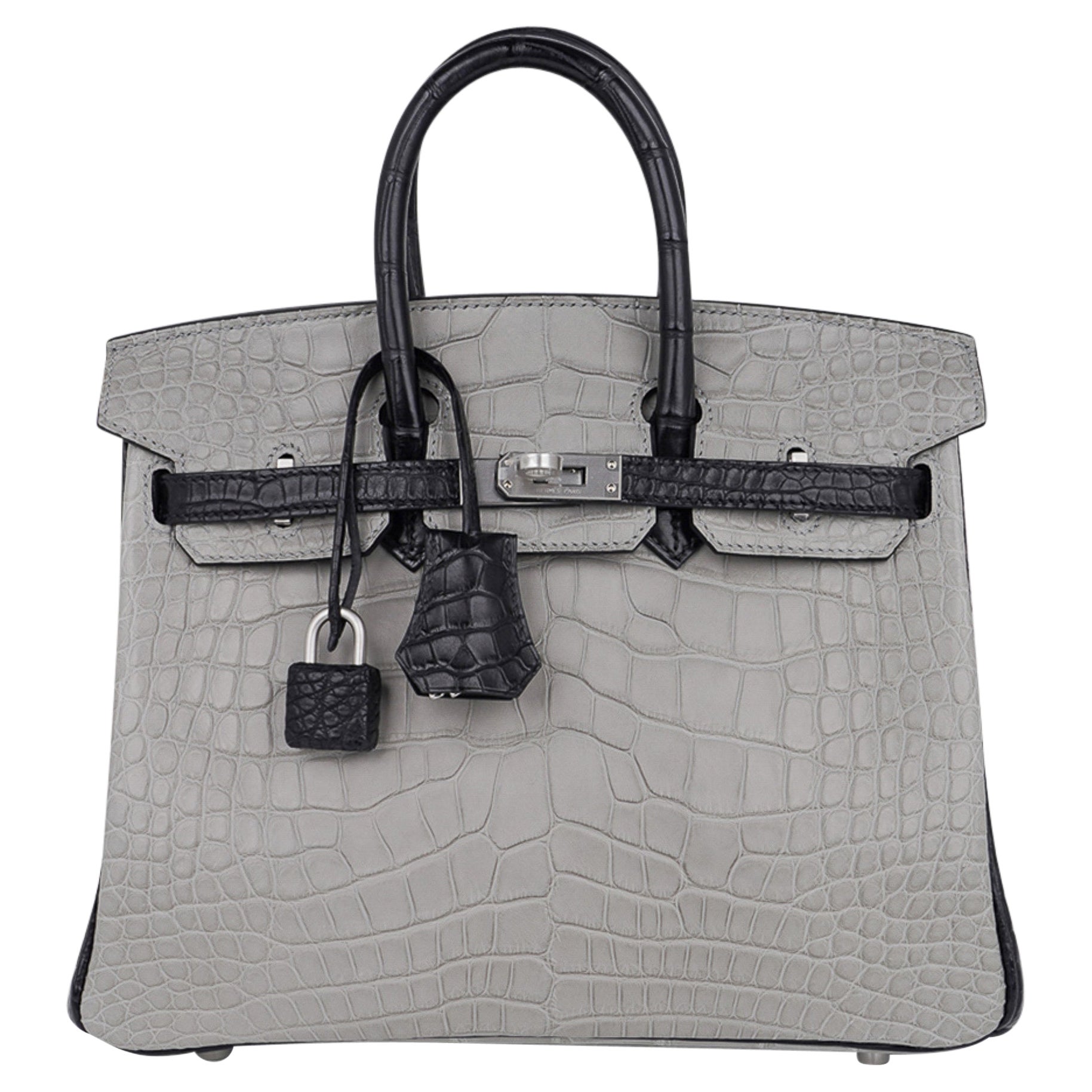 Hermes Birkin HSS 25 Tasche Gris Perle / Black Matte Alligator Palladium Hardware