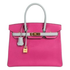 Hermes Birkin HSS 30 Bag Rose Shocking / Gris Perle Brushed Gold Hardware Chevre