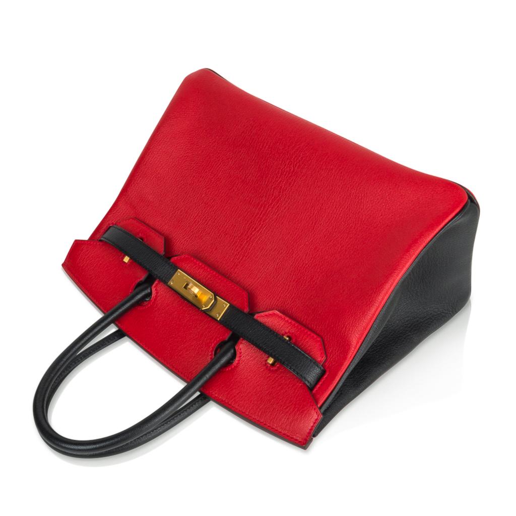 Red Hermes Birkin HSS 30 Bag Rouge Casaque and Black Chevre Brushed Gold Hardware