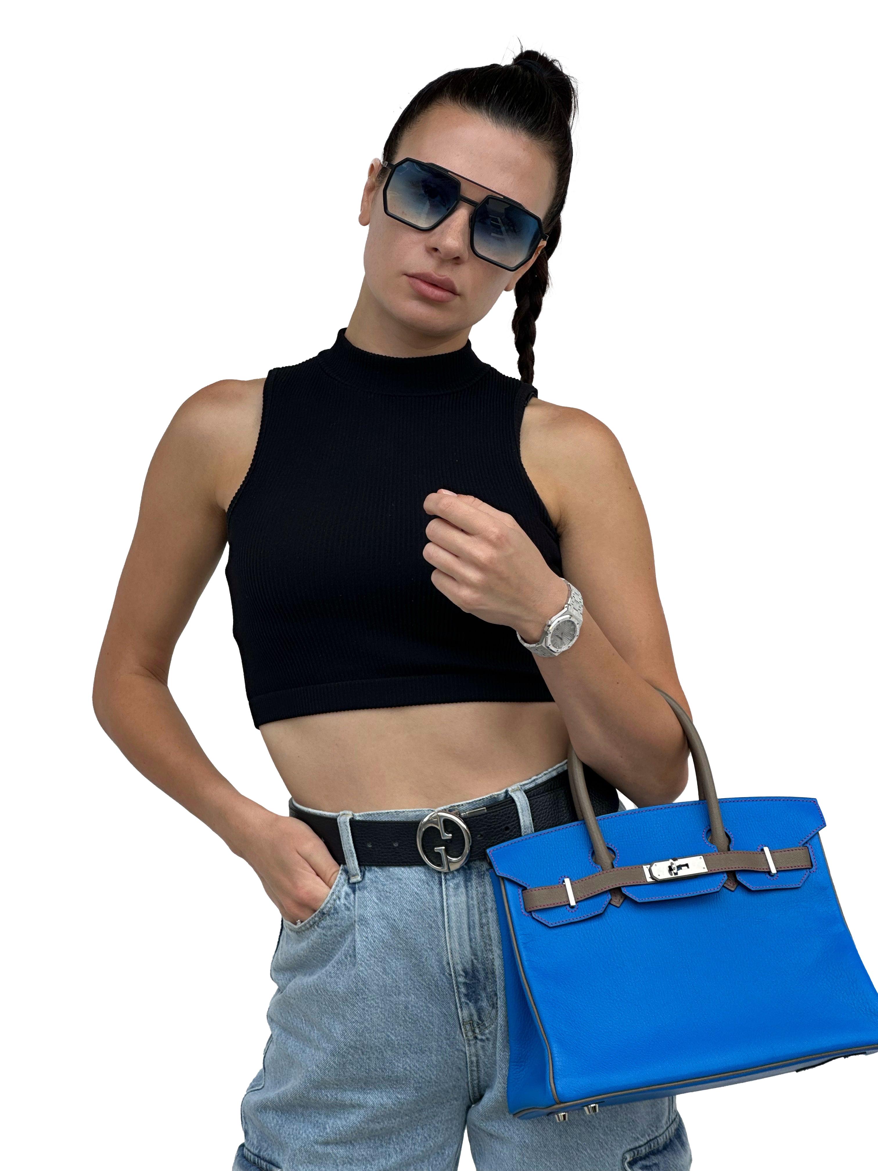 Hermes Birkin HSS 30 Electric Blue Etoupe Chevre with Gold Hardware For Sale 6