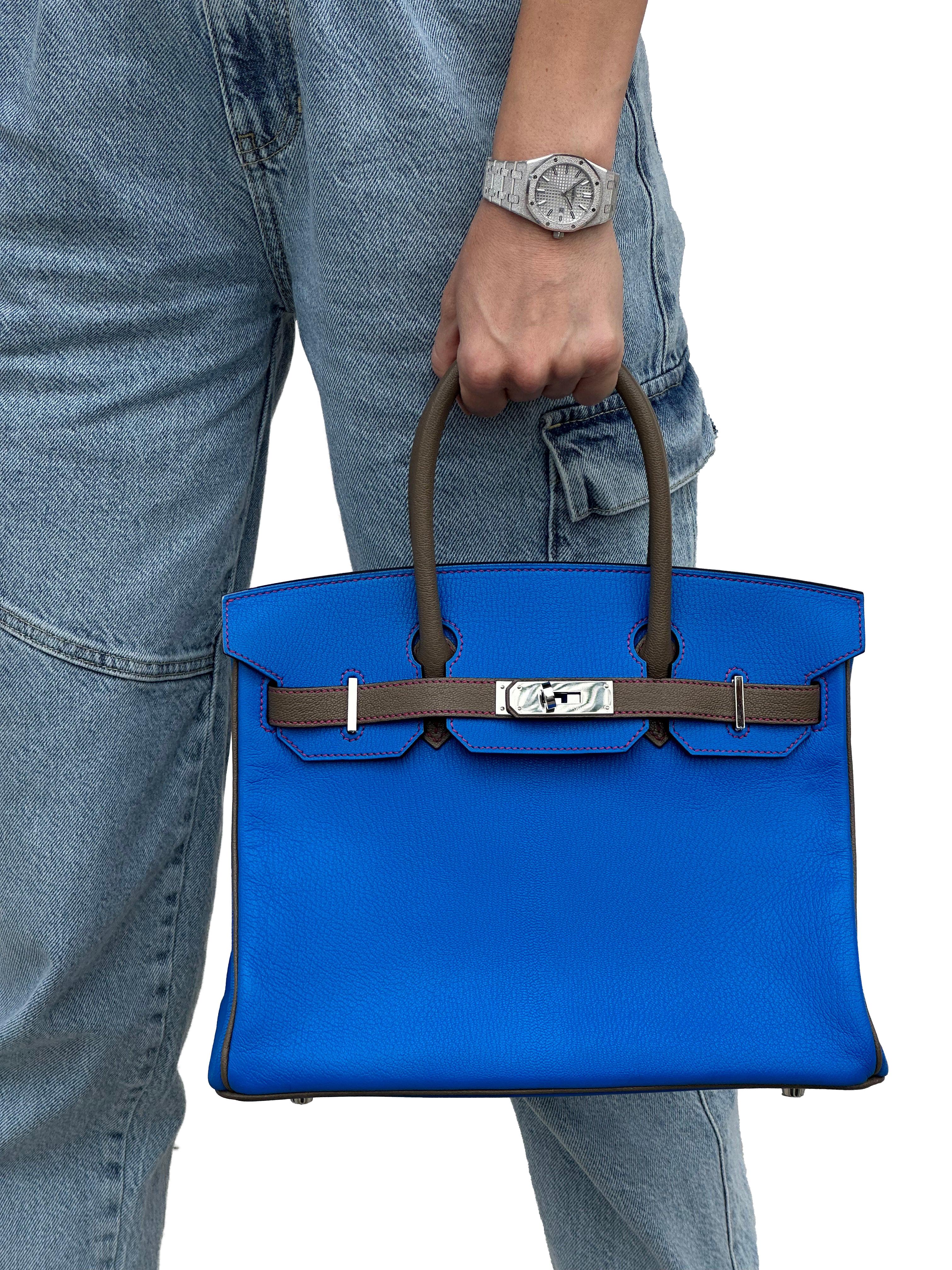 Hermes Birkin HSS 30 Electric Blue Etoupe Chevre with Gold Hardware For Sale 7