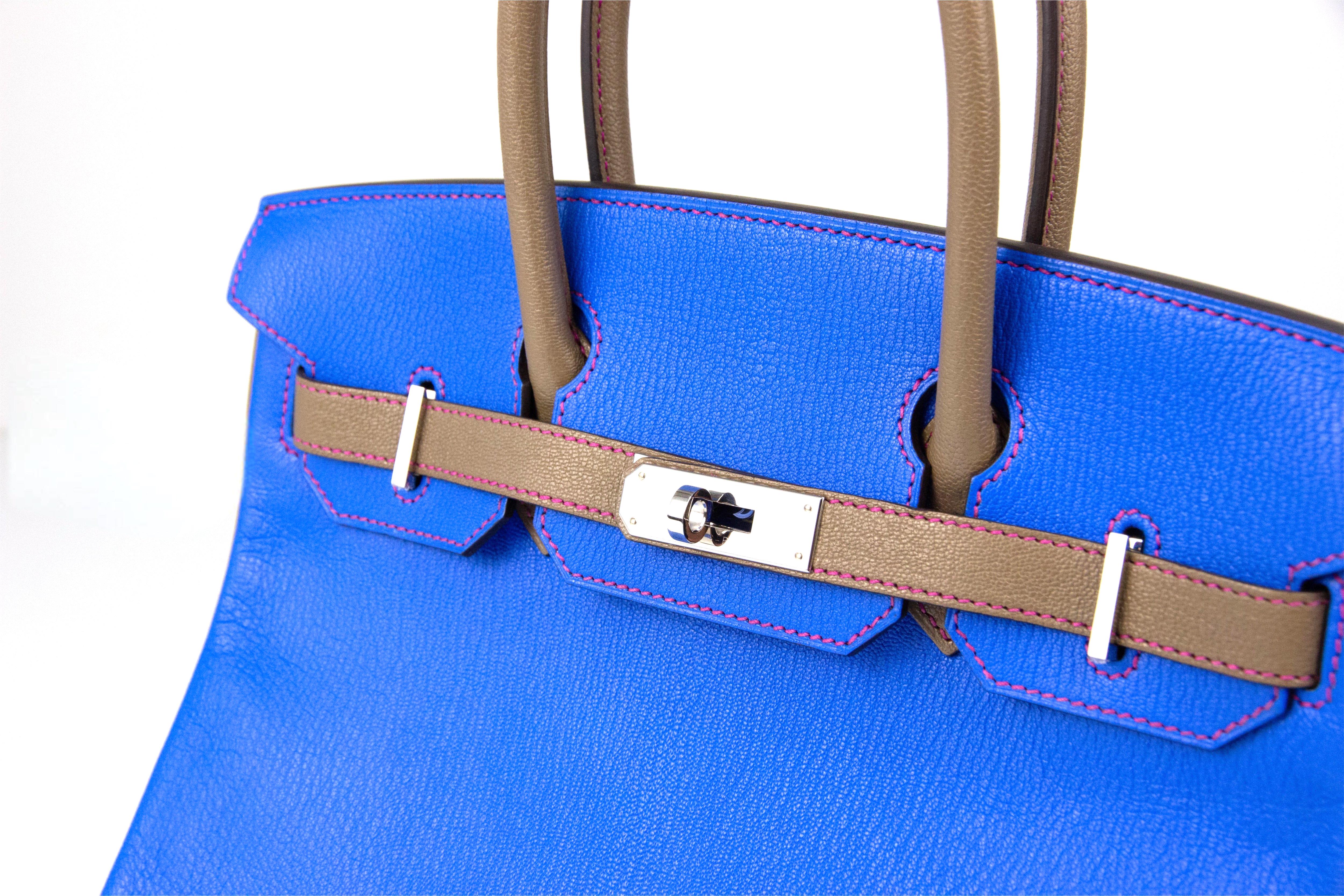 Hermes Birkin HSS 30 Electric Blue Etoupe Chevre with Gold Hardware For Sale 2