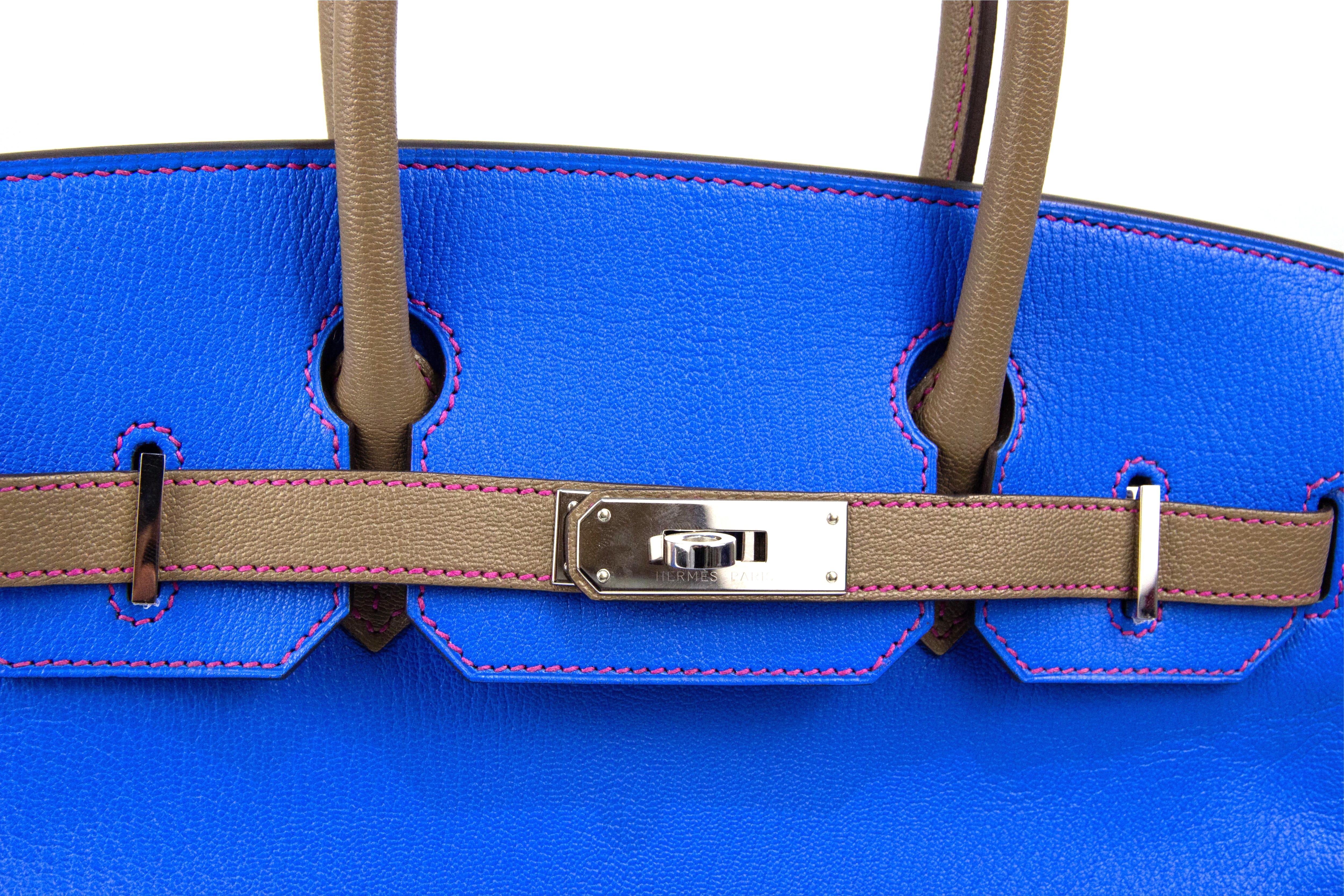 Hermes Birkin HSS 30 Electric Blue Etoupe Chevre with Gold Hardware For Sale 4
