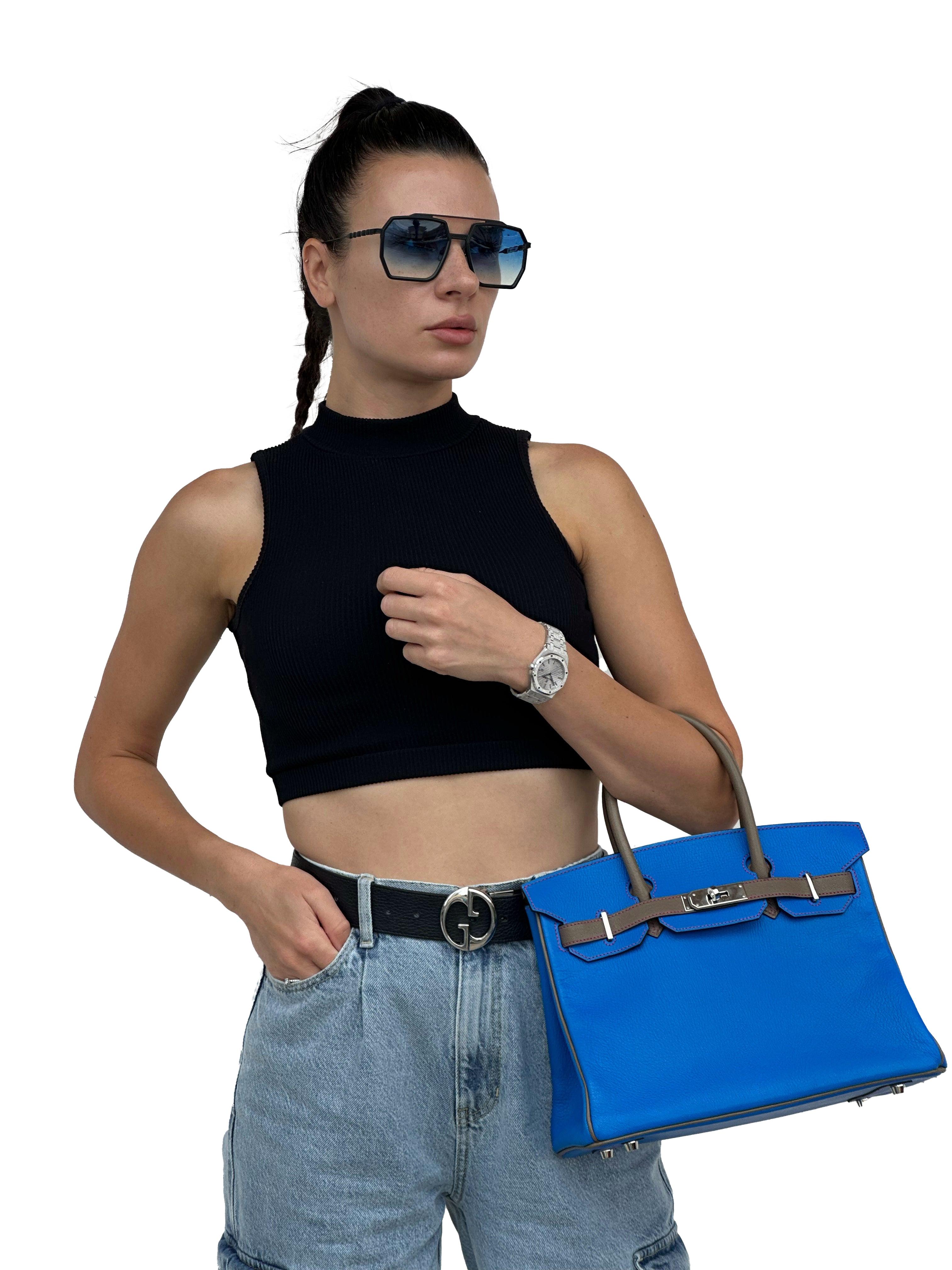 Hermes Birkin HSS 30 Electric Blue Etoupe Chevre with Gold Hardware For Sale 5