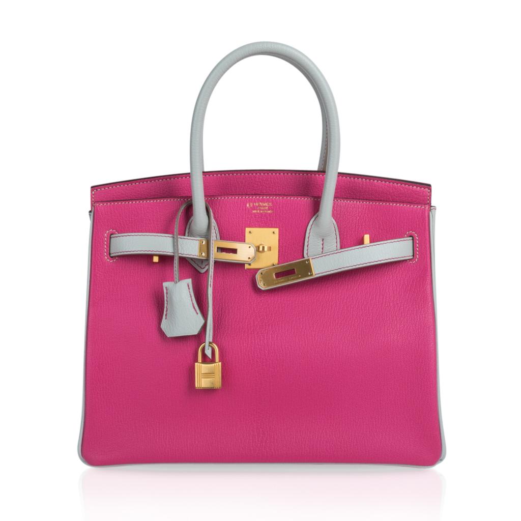 Hermes Birkin HSS 30 Rose Schockierend / Gris Perle Tasche gebürstet Gold Hardware Chevre (Pink) im Angebot