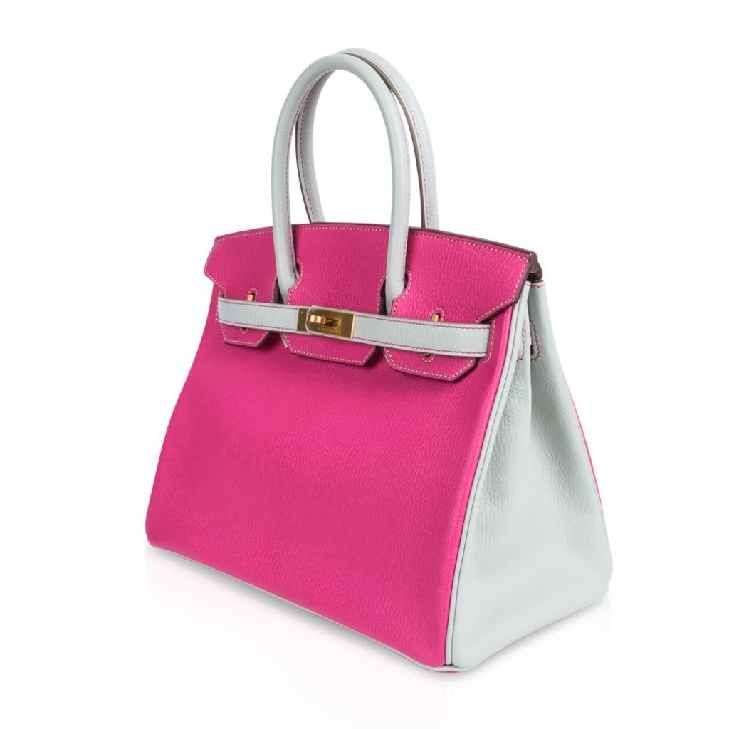 Pink Hermes Birkin HSS 30 Rose Shocking / Gris Perle Bag Brushed Gold Hardware Chevre For Sale