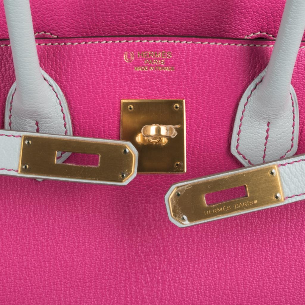 Hermes Birkin HSS 30 Rose Schockierend / Gris Perle Tasche gebürstet Gold Hardware Chevre Damen im Angebot