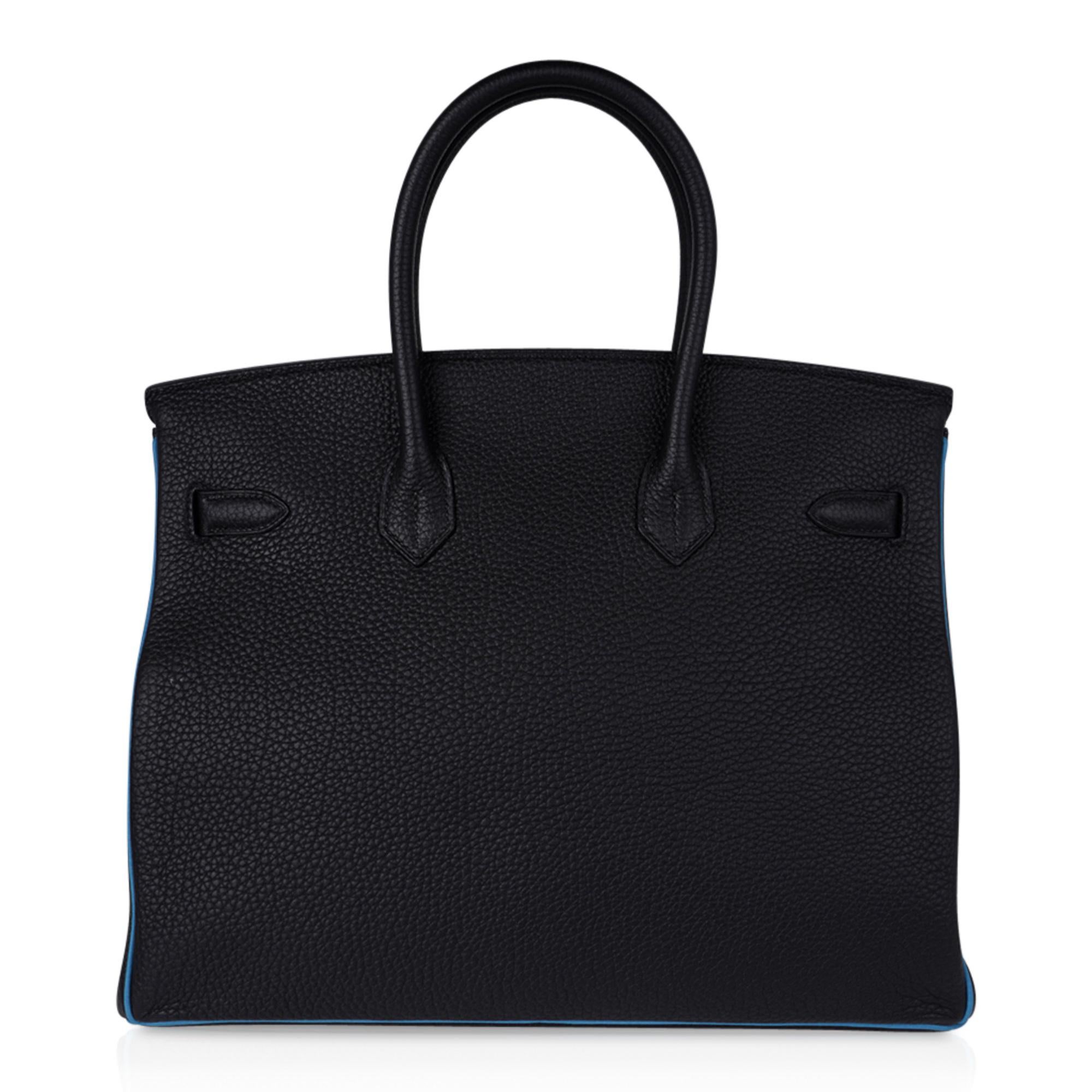 Hermes Birkin HSS 35 Black / Turquoise Bag Brushed Palladium Togo Leather For Sale 6