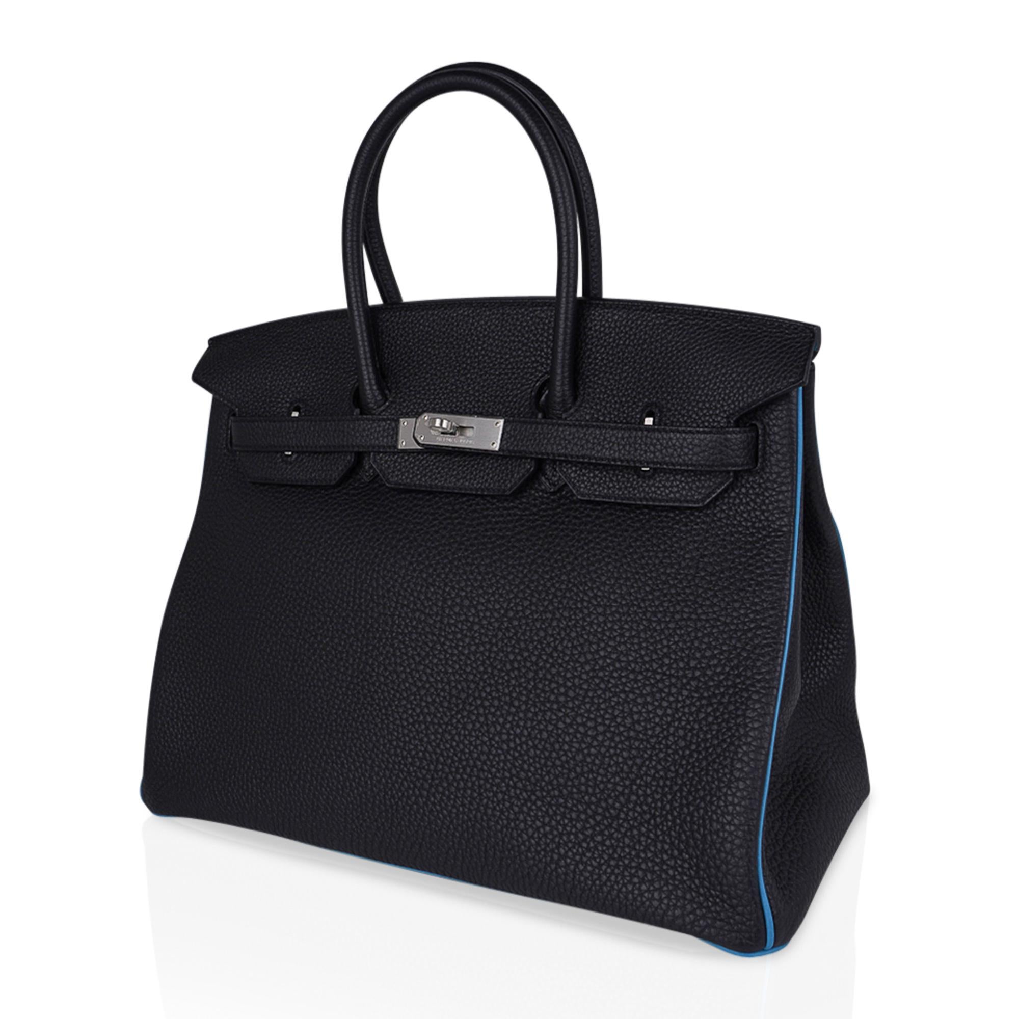 Women's Hermes Birkin HSS 35 Black / Turquoise Bag Brushed Palladium Togo Leather For Sale