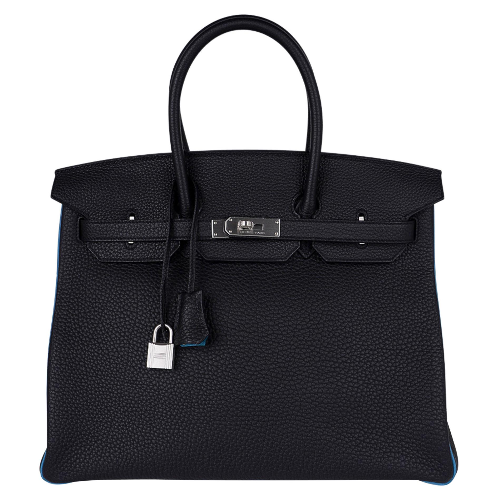 Hermes Birkin HSS 35 Black / Turquoise Bag Brushed Palladium Togo Leather