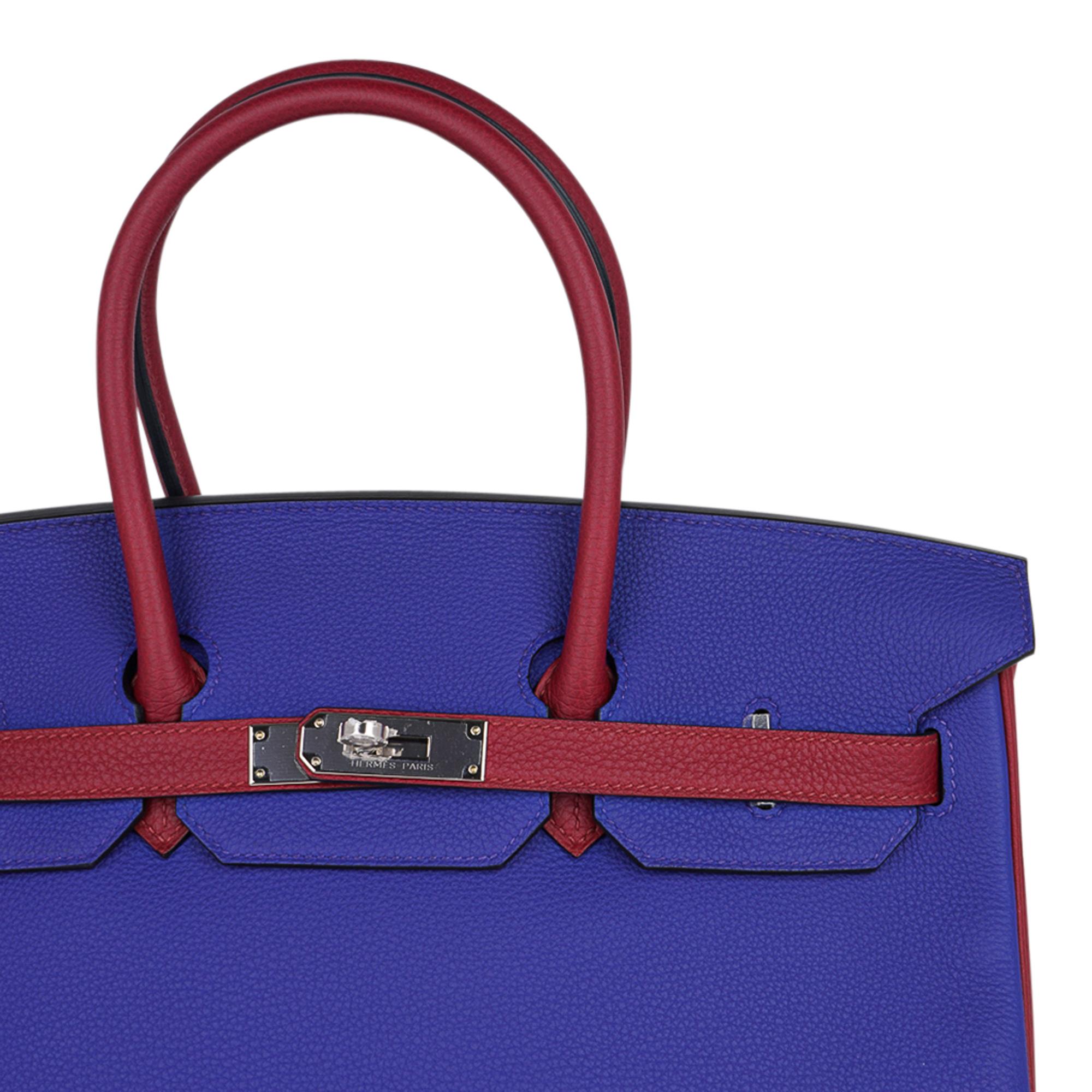 Hermes Birkin HSS 35 Blue Electric Rouge Grenat Bag Togo Leather Palladium  For Sale 4
