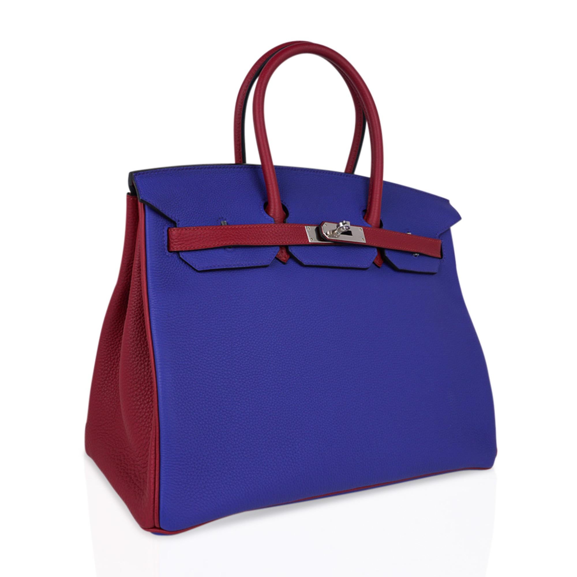 Mightychic offers an Hermes Birkin HSS 35 bag featured in an exotic creation of vivid Bleu Electric and rich Rouge Grenat.
This Hermes Birkin special order is fresh with palladium hardware. 
Created in Togo leather which is scratch resistant.
Comes