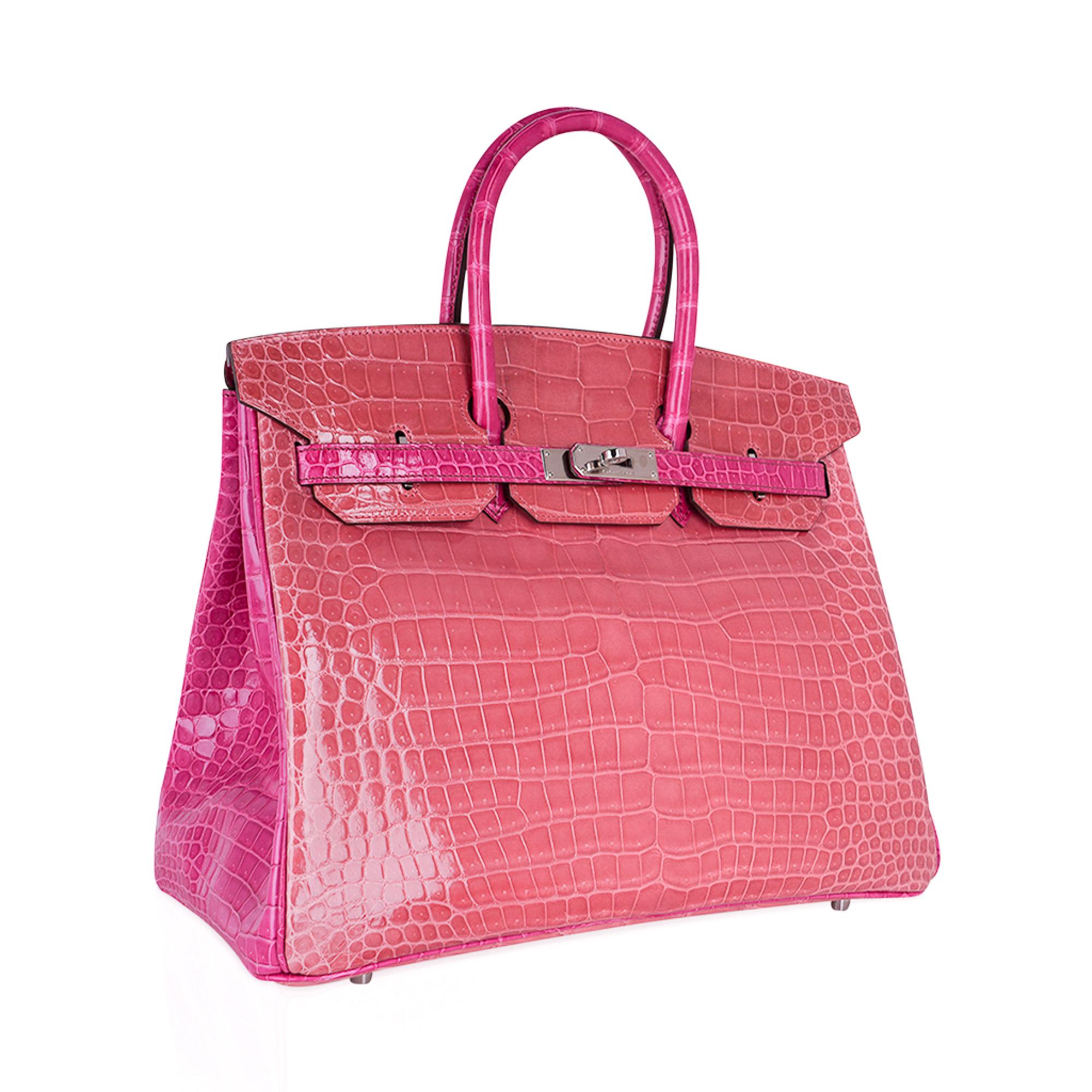 Mightychic offers an Hermes Birkin HSS 35 bag featured in exquisite unicorn rare Rose Indien and Fuschia Porosus Crocodile.
Utterly extraordinary, this beautiful rare bag is a superb find.
Rose Indien is one of the most rare colours produced by