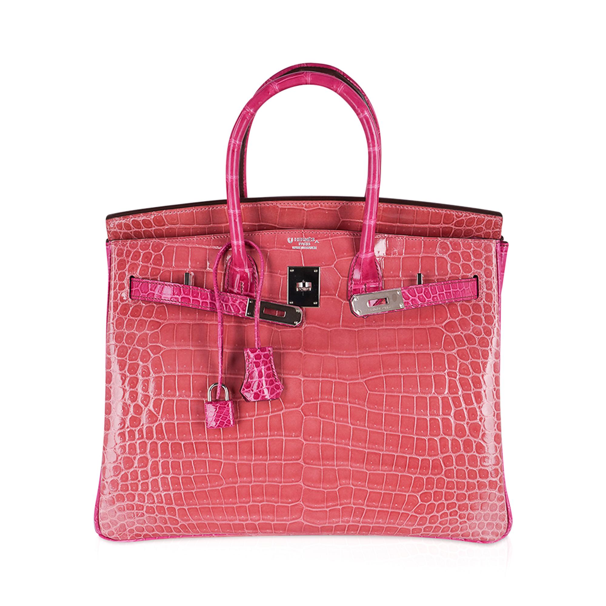 Rose Hermès - Sac Birkin HSS 35 en crocodile rose indien/fuchsia avec finitions en palladium en vente