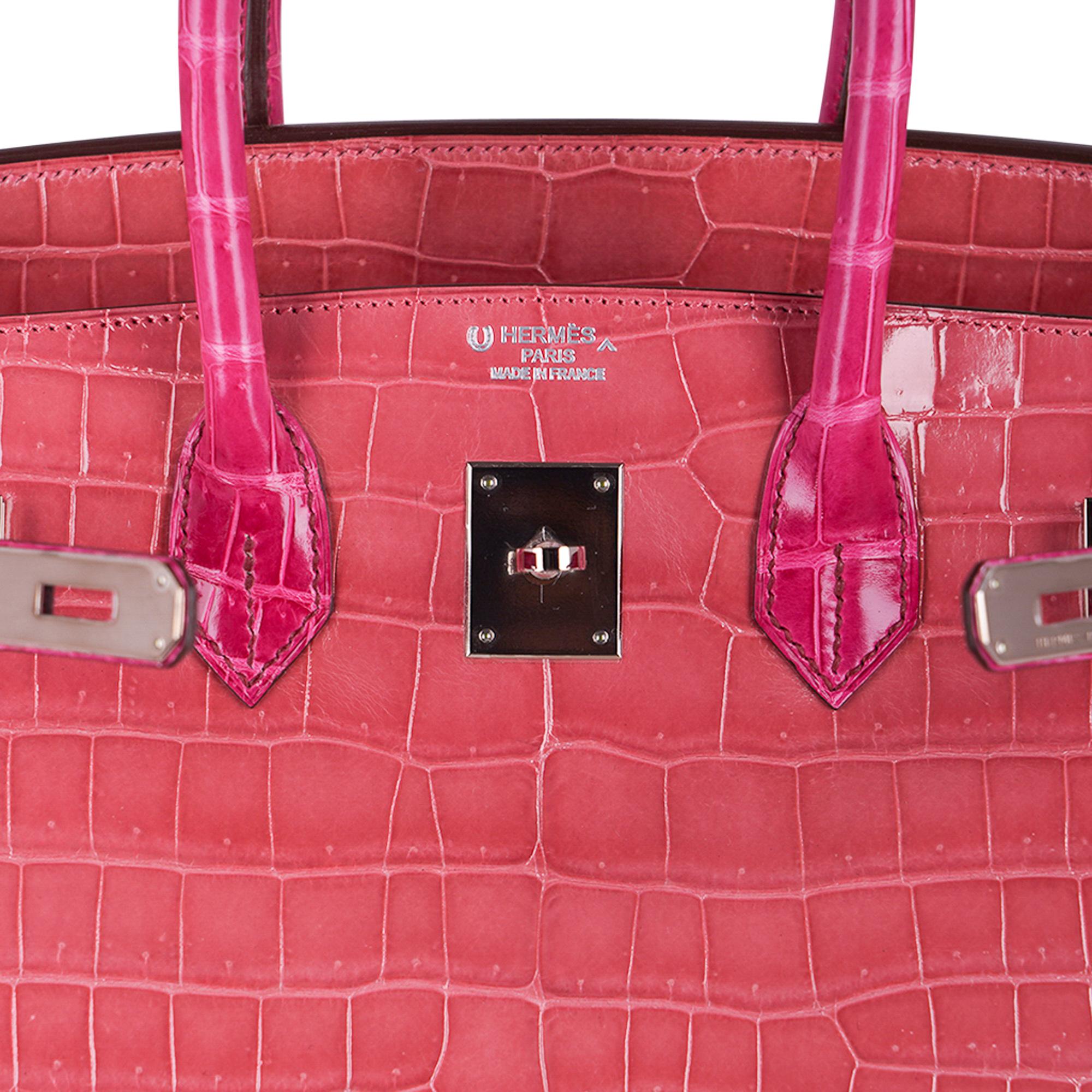 Hermès - Sac Birkin HSS 35 en crocodile rose indien/fuchsia avec finitions en palladium en vente 4