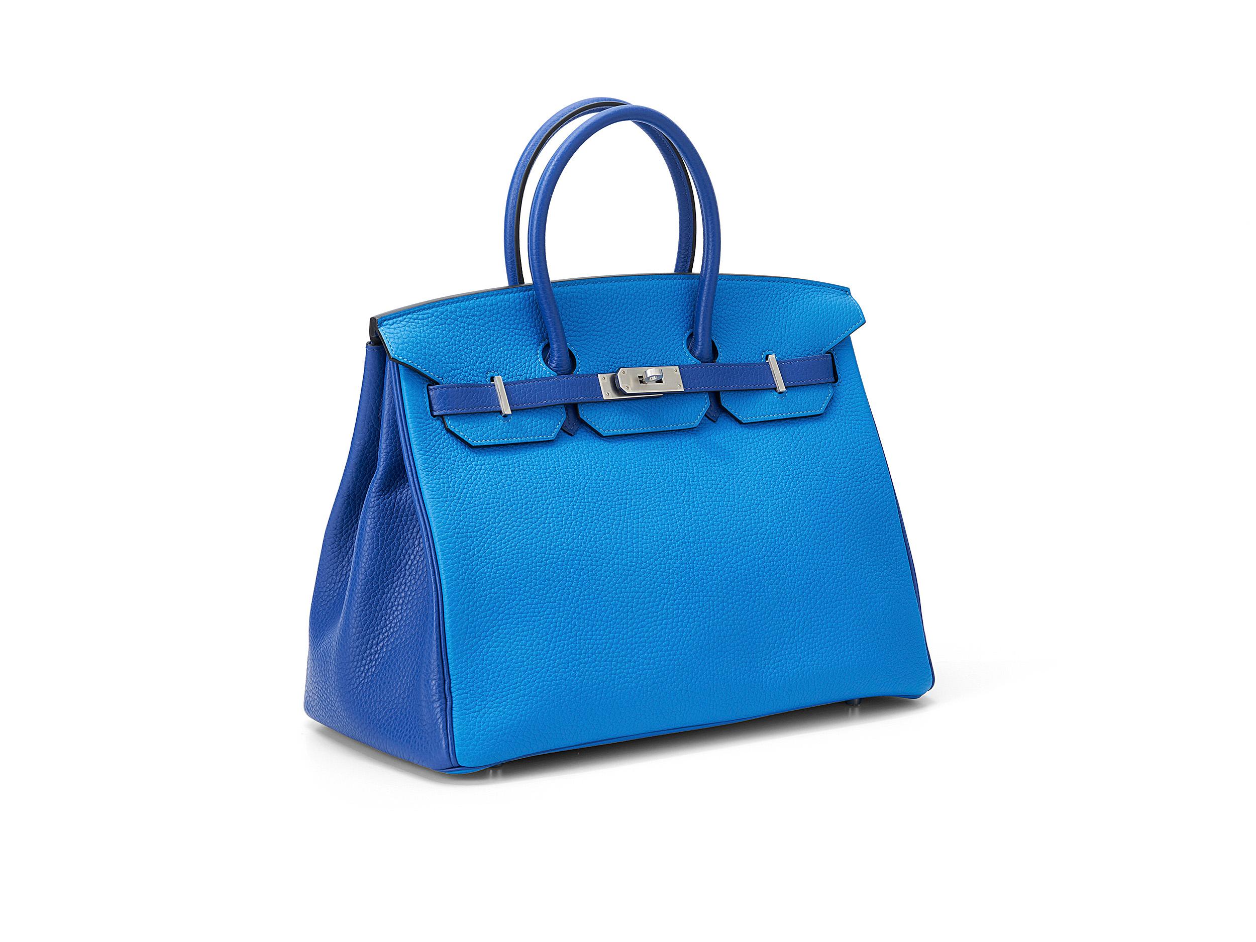 Birkin HSS 35 d'Hermès en cuir bleu électrique/zelige et togo, avec accessoires en palladium. Le sac est en très bon état, avec seulement une légère marque comme sur la photo et est livré avec la boîte Hermès, le sac à poussière Hermès, la clochette