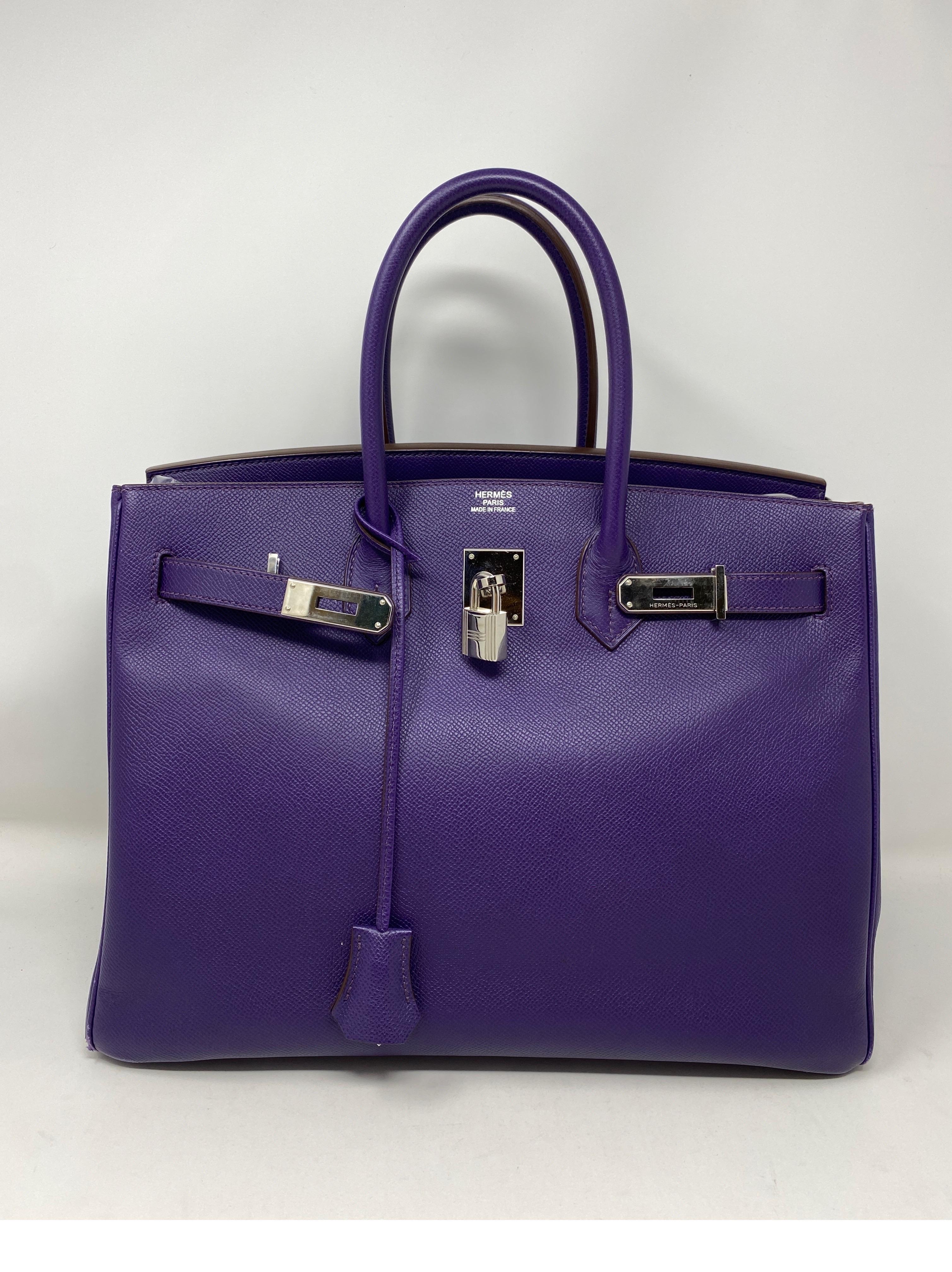 Hermes Birkin Iris 35 Birkin Bag. Epsom leather. Palladium hardware. Good condition. Corners have wear. Please view all photos. Beautiful purple color bag. Lighter Epsom leather. 