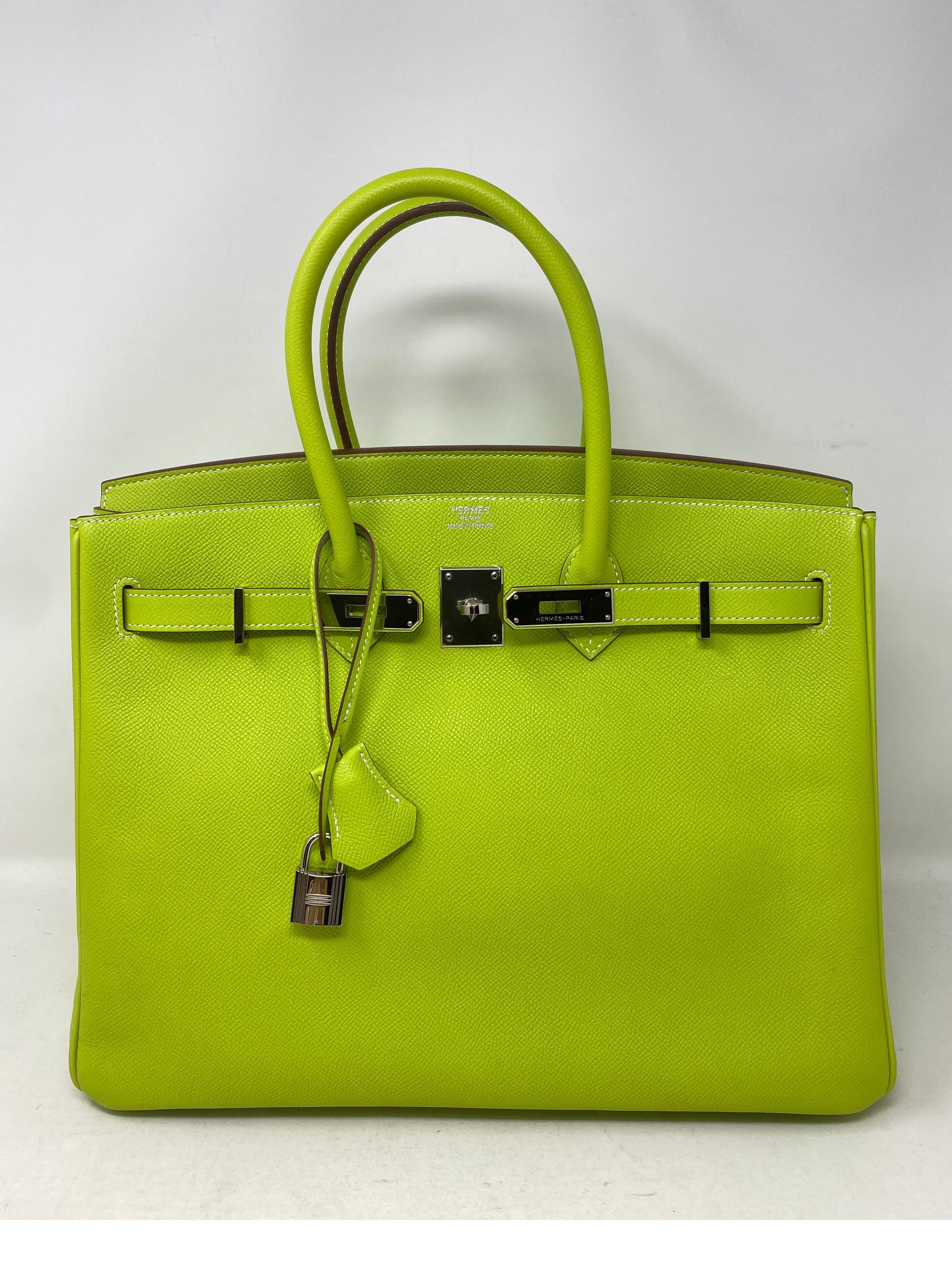 Hermes Birkin Kiwi Candy Birkin 35. Green interior leather. Palladium hardware. Mint condition. Like new. Beautiful bright lime color in Epsom leather. Rare combo. Includes clochette, lock, keys, and dust bag. Guaranteed authentic. 