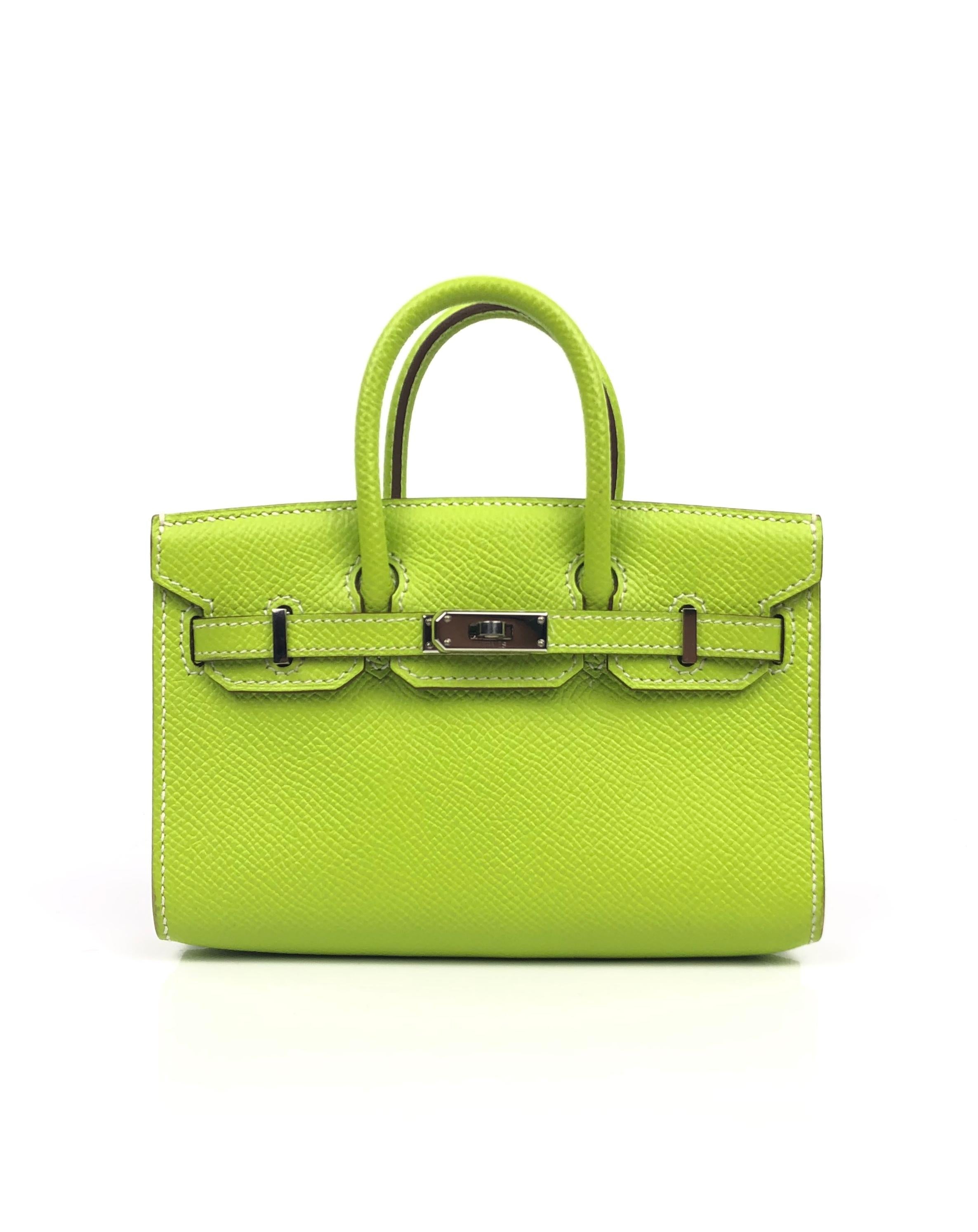 Ultra Rare Limited Edition Hermes Birkin Micro Mini Kiwi Epsom Palladium Hardware With Shoulder Strap. Excellent Pristine Condition. Light Hairlines on Hardware, Perfect corners and structure. Don't miss out on owning this rare limited edition
