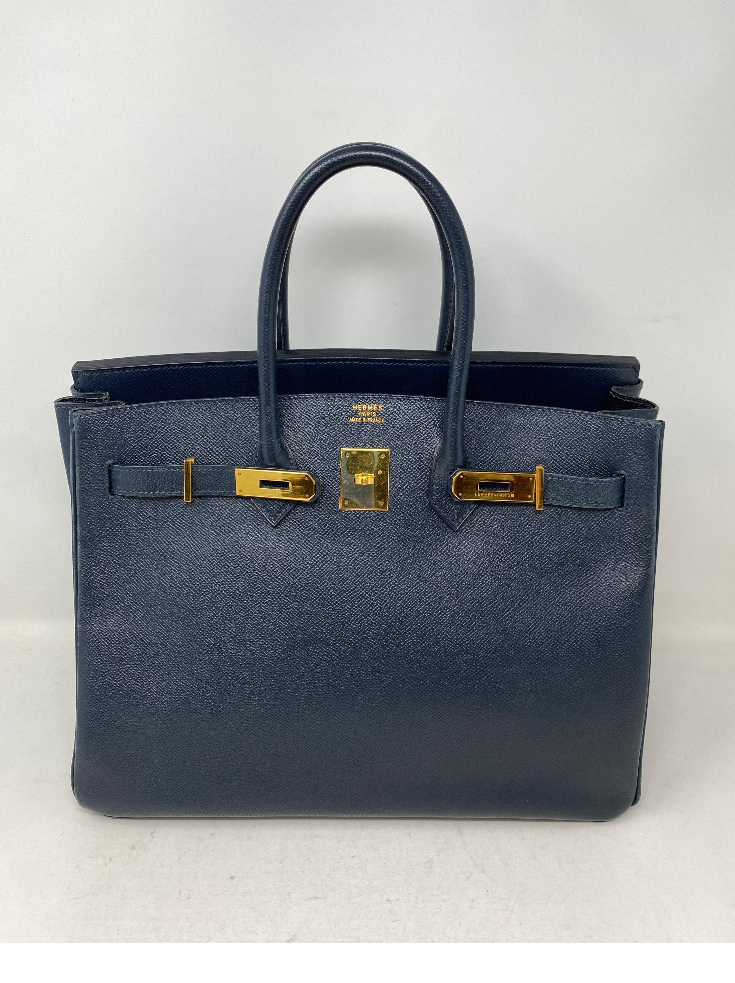 Hermes Birkin Navy 35 Bag. Vintage Hermes Birkin Bag in good condition. Courchevel leather. Gold hardware. Very nice structure. Hard to find dark Navy blue color. Great combo. Includes clochette, lock, keys, and dust cover. Guaranteed authentic. 