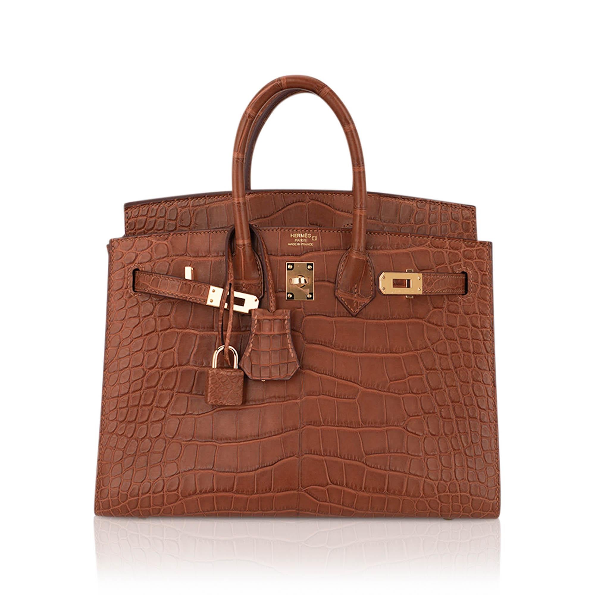 Brown Hermes Birkin Sellier 25 Bag Gold Matte Alligator with Gold Hardware For Sale