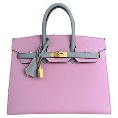 Hermes Birkin Sellier 25 Malva Silvestre Azul Glaciar Oro Sello Herradura
