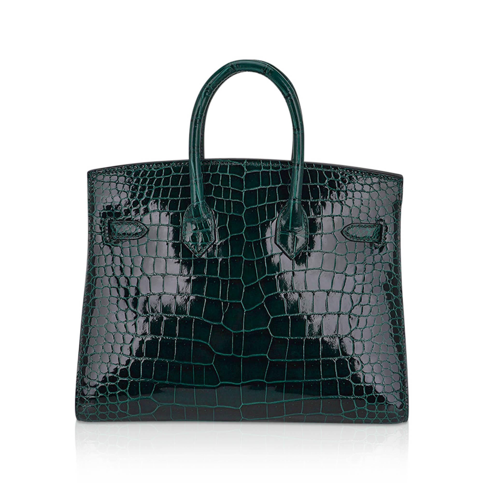 Hermes Birkin Sellier 25 Vert Fonce Porosus Crocodile Emerald Toned Bag Gold For Sale 4