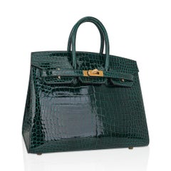 Hermes Birkin Sellier 25 Vert Fonce Porosus Crocodile Emerald Toned Bag Gold