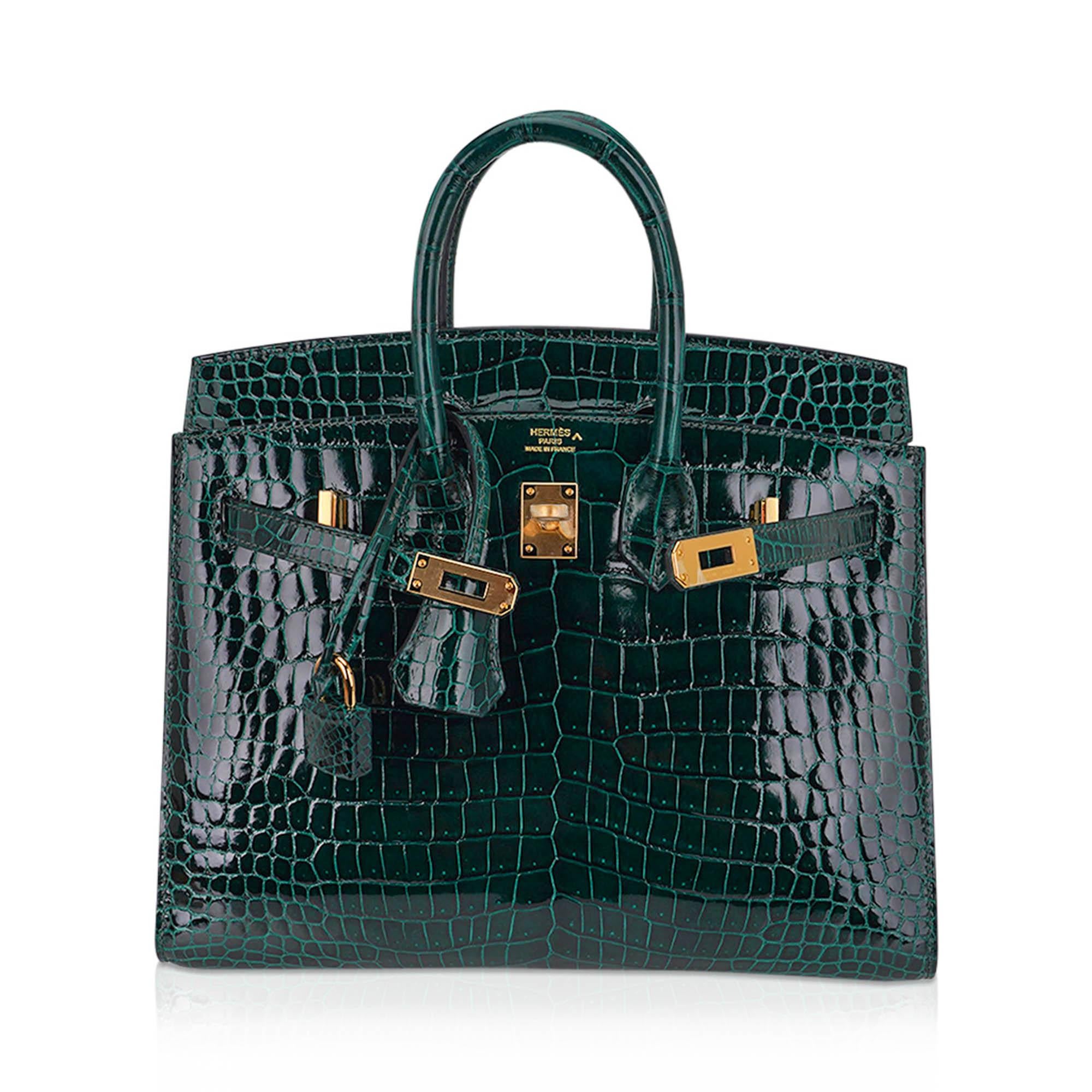 Noir Hermes Birkin Sellier 25 Vert Fonce Porosus Crocodile Emerald Toned Bag Gold