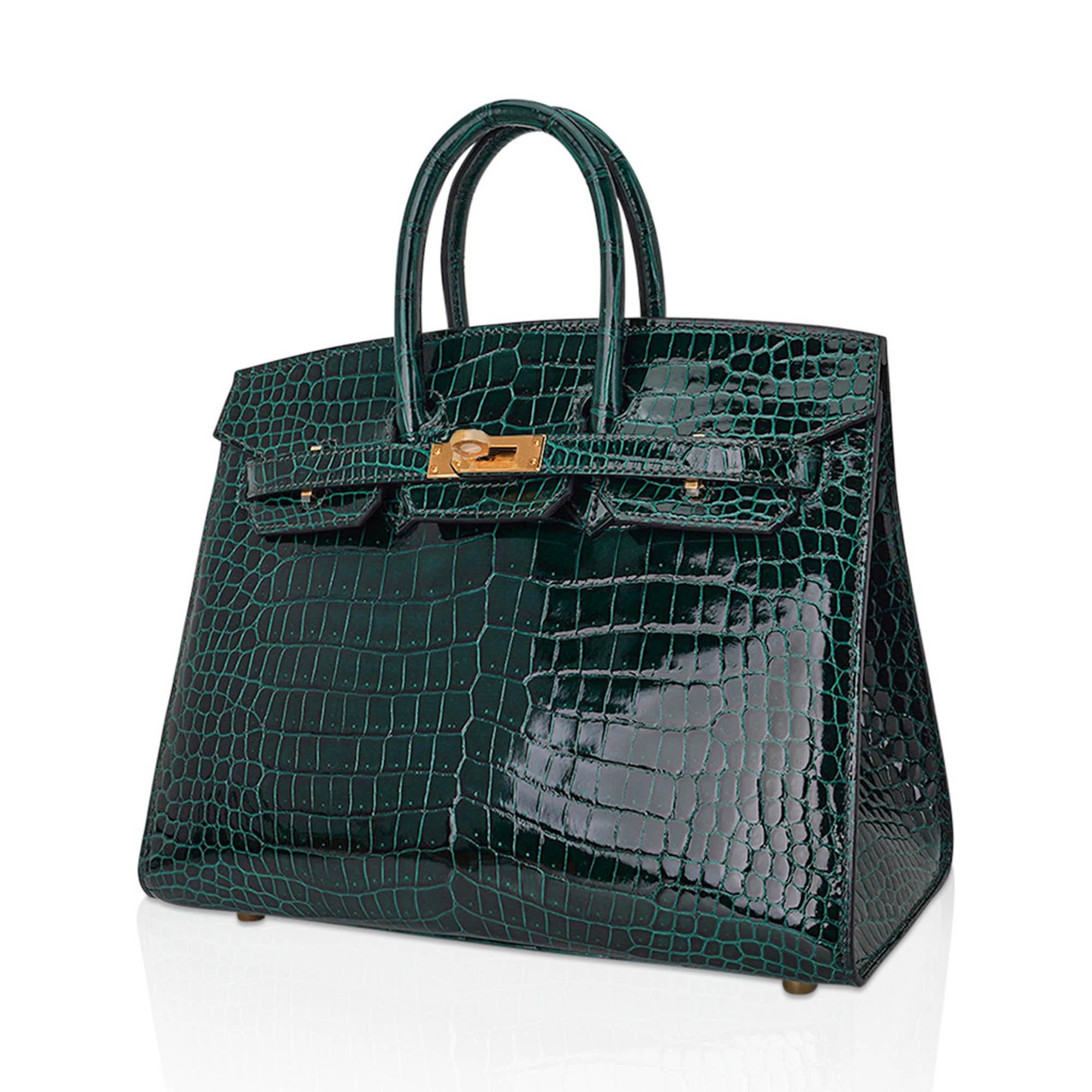Black Hermes Birkin Sellier 25 Vert Fonce Porosus Crocodile Emerald Toned Bag Gold