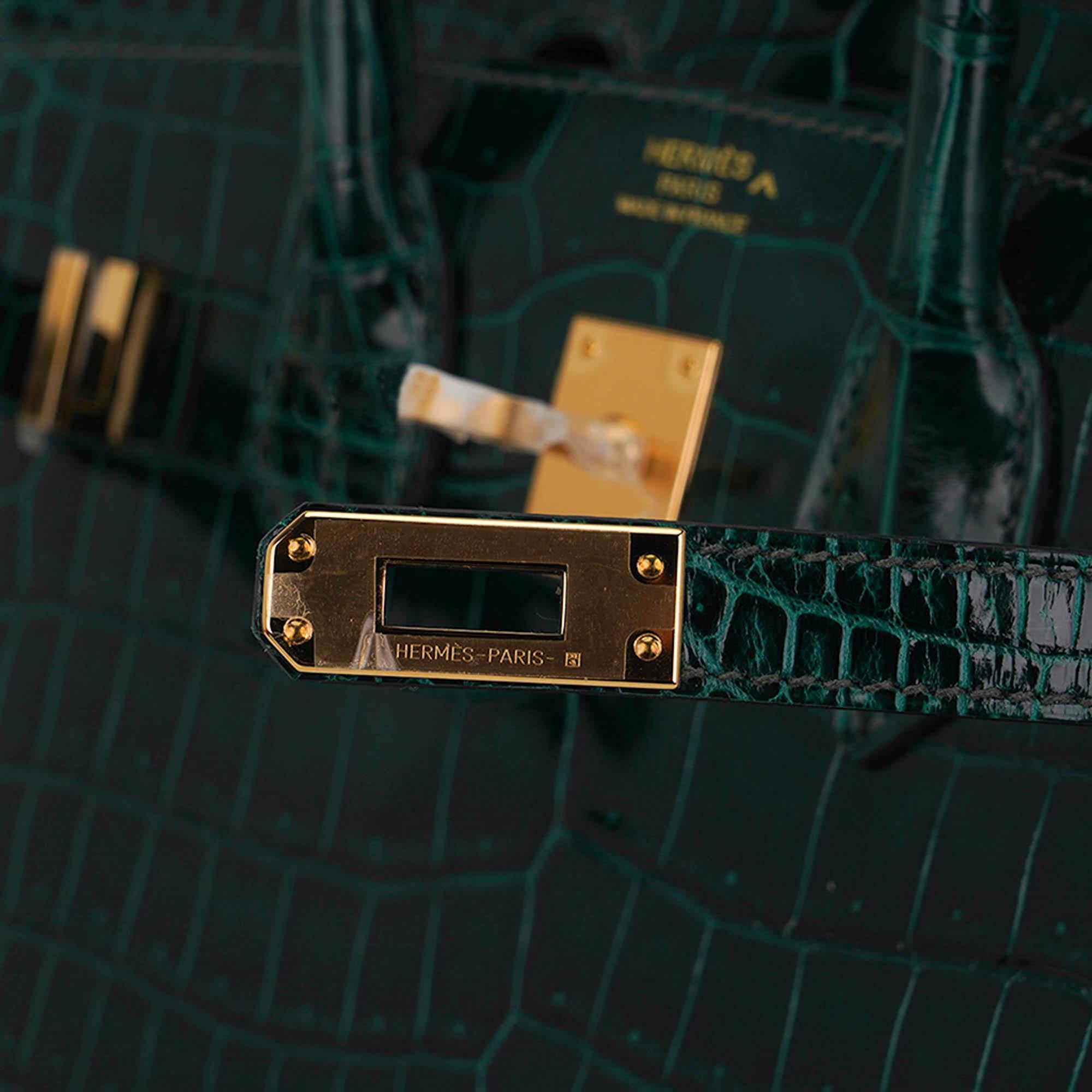 Hermes Birkin Sellier 25 Vert Fonce Porosus Crocodile Emerald Toned Bag Gold In New Condition For Sale In Miami, FL