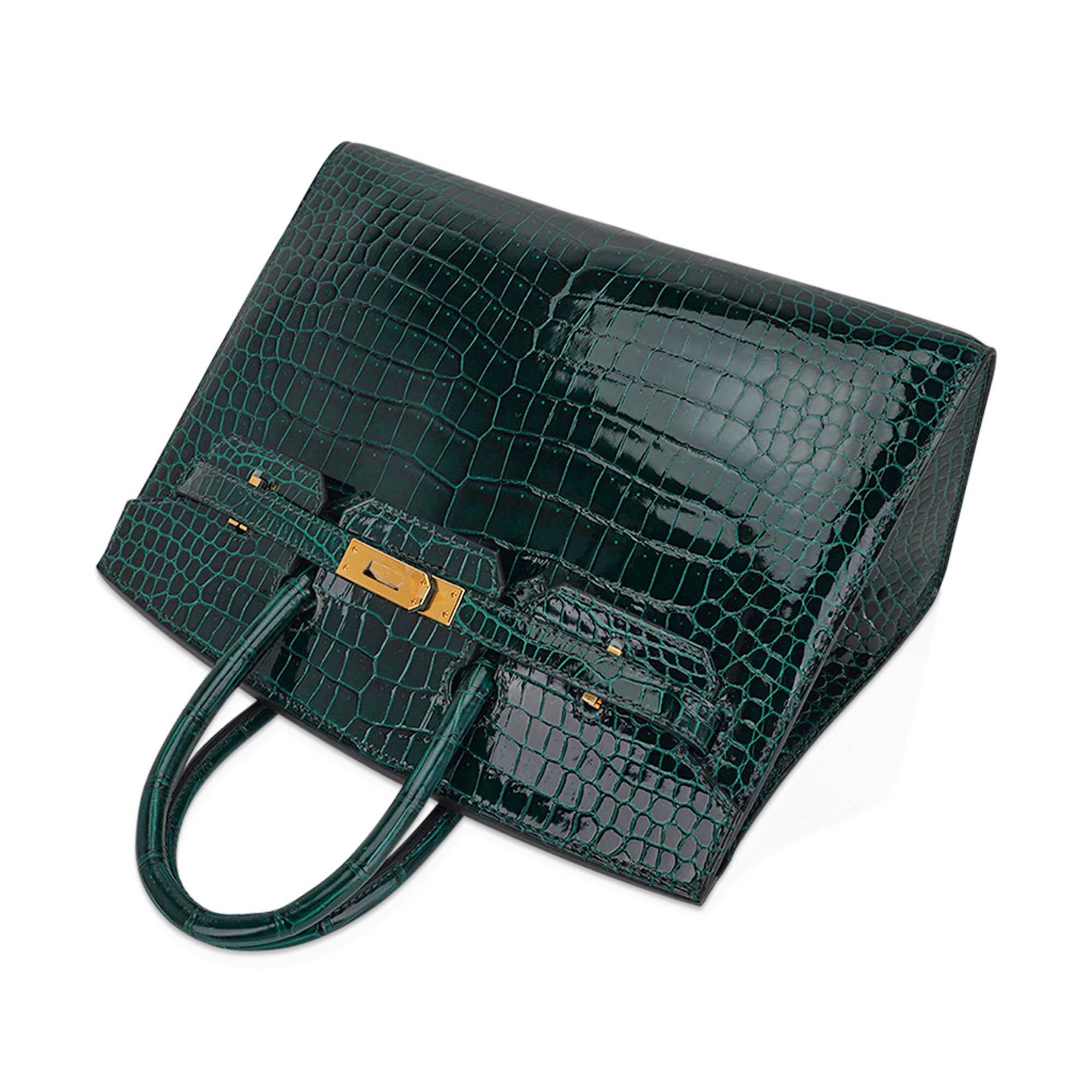 Women's Hermes Birkin Sellier 25 Vert Fonce Porosus Crocodile Emerald Toned Bag Gold For Sale
