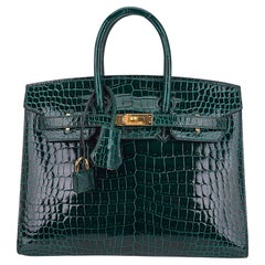 Hermes Birkin Sellier 25 Vert Fonce Porosus Crocodile Emerald Toned Bag Gold
