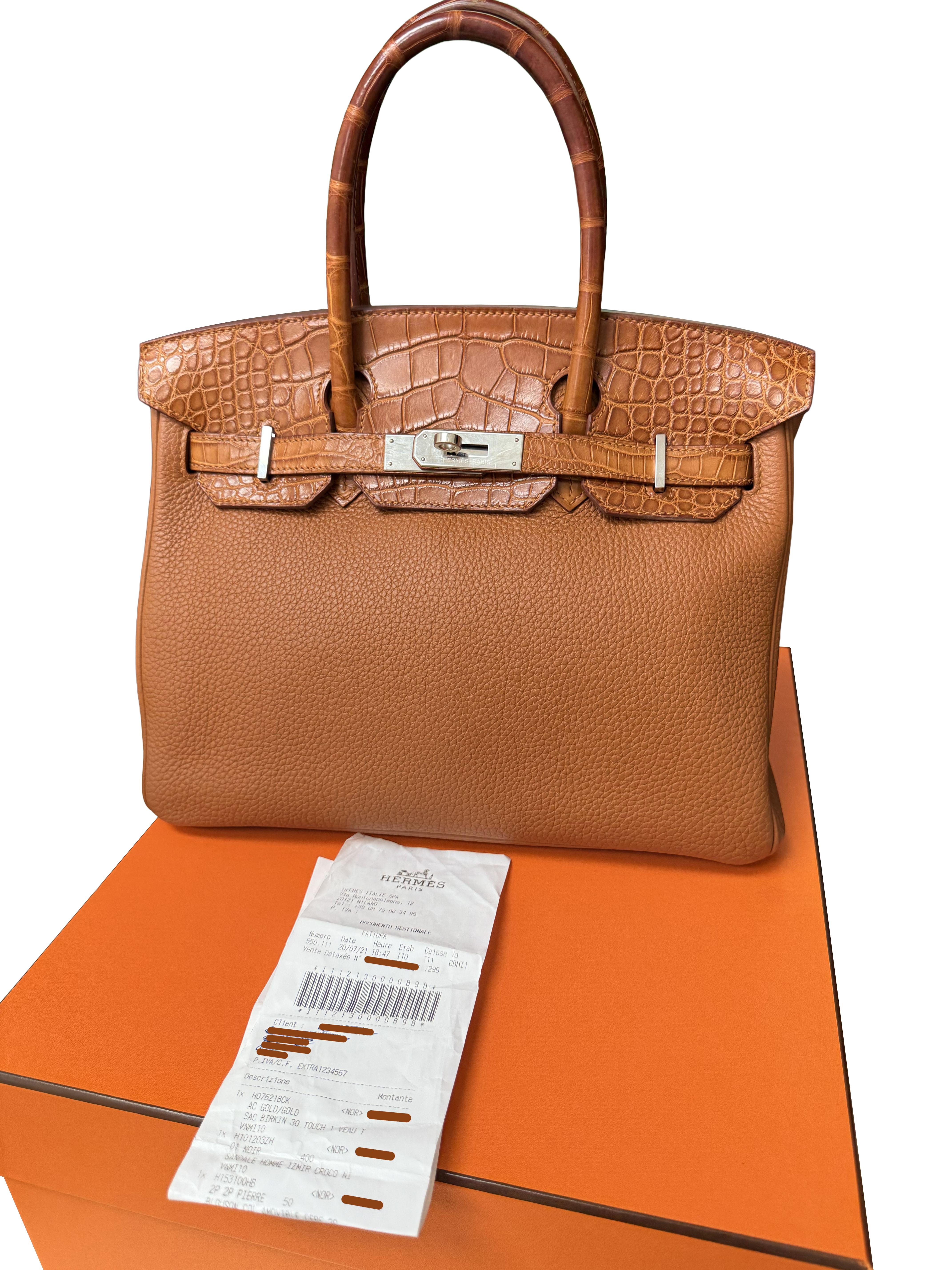 Marrone Borsa Hermes Birkin Touch 30 Oro Opaco Alligatore / Togo Edizione Limitata Palladio in vendita