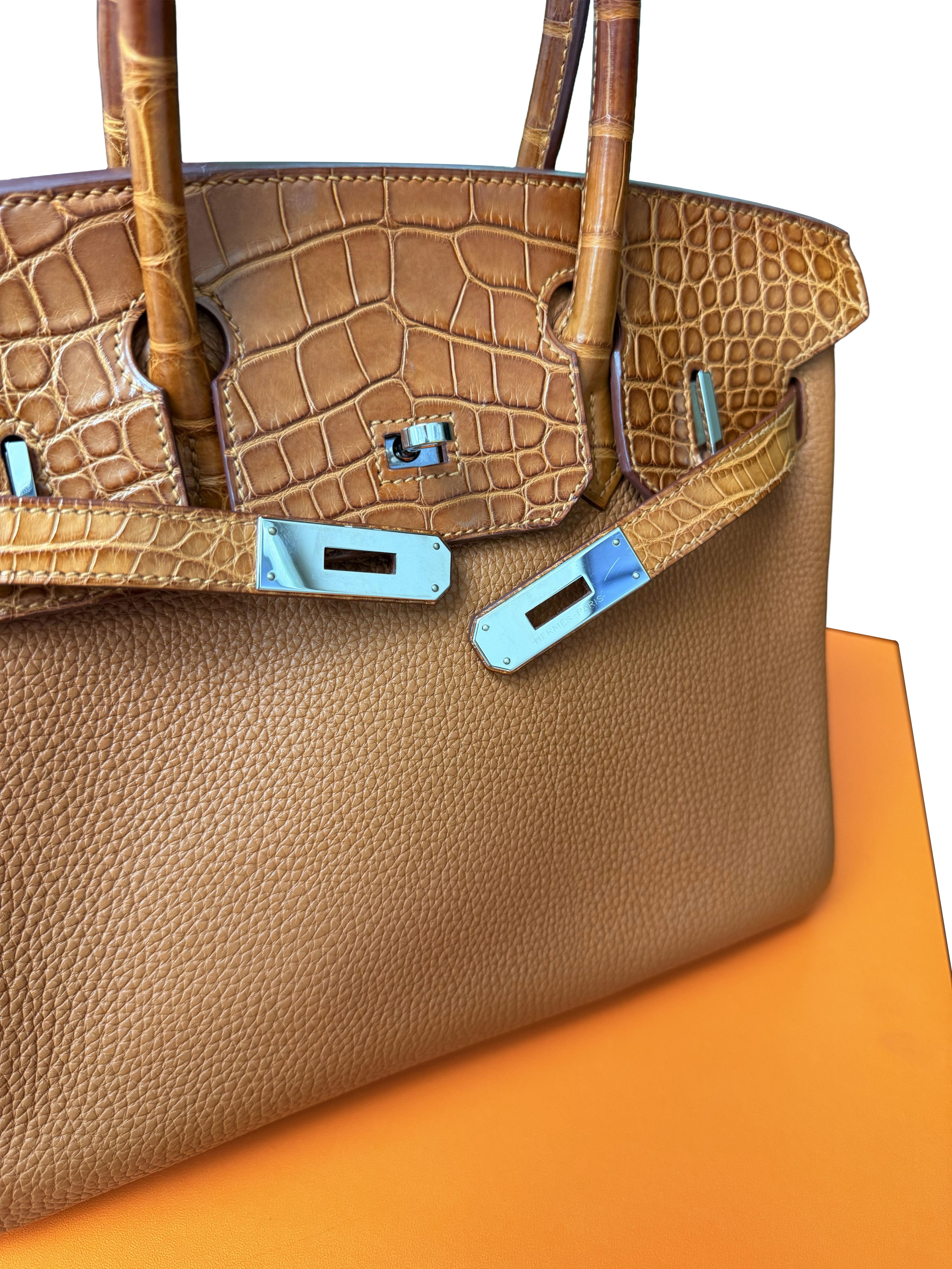 Borsa Hermes Birkin Touch 30 Oro Opaco Alligatore / Togo Edizione Limitata Palladio in vendita 1