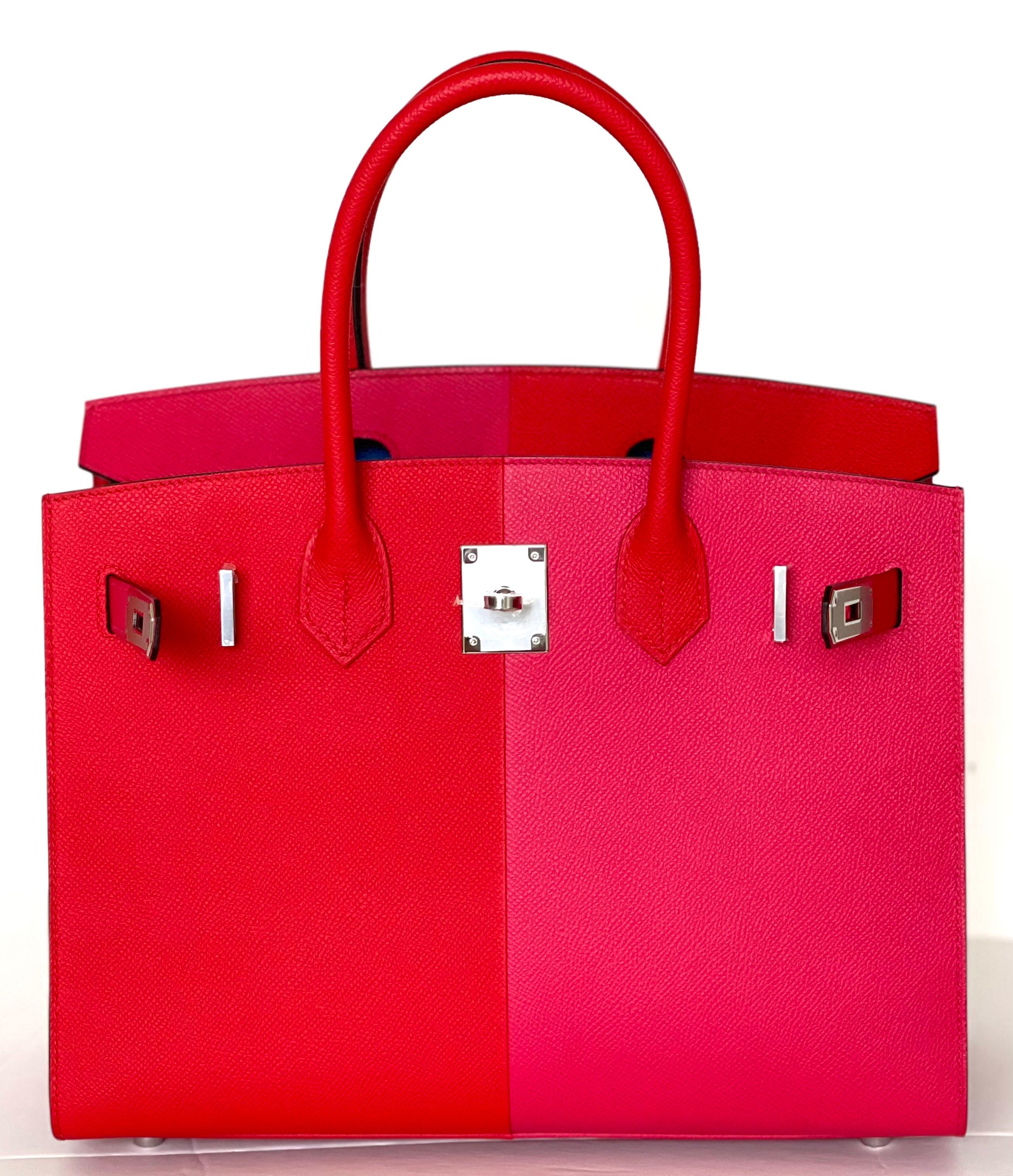 This Special Birkin is Sellier Style, with the stitching on the outside (rigid).
Rouge Casaque , Rose Extreme, with Blue inside 
Birkin 30
Rouge Casaque Rose Extreme Blue
Sellier style
Palladium Hardware
Epsom Leather
Engraved zipper pull
Lined in