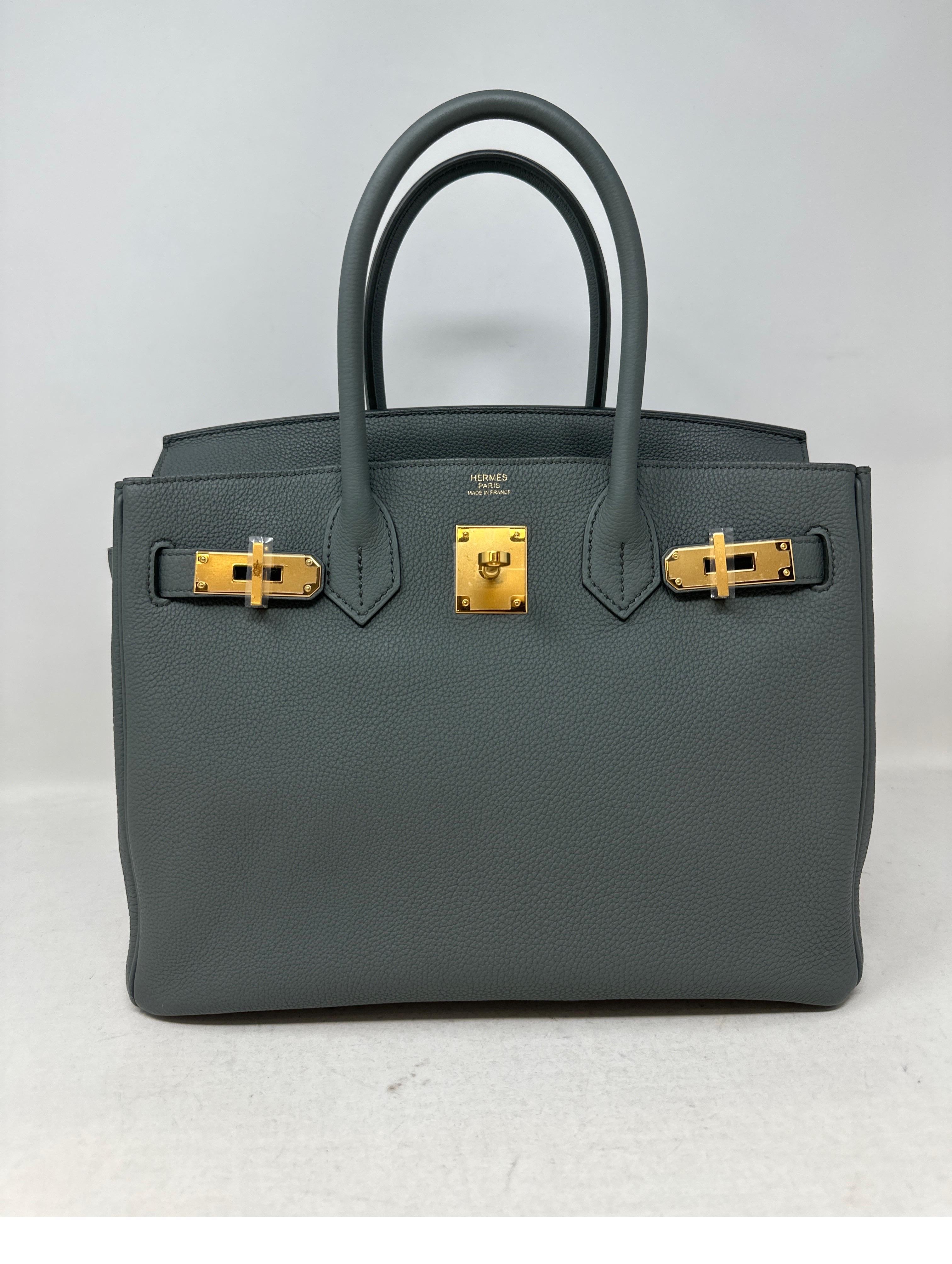 Hermes Vert Amande Birkin 30 Bag. Gorgeous light grey green color. Rare soft color. Gold hardware. Excellent like new condition. Most wanted size. Includes clochette, lock, keys, and dust bag. Add this to your collection. Great investment piece.