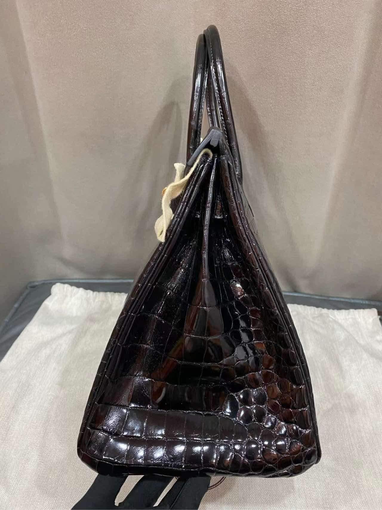Hermes Birkin35 Crocodile Porosus noir Or jaune 18K avec diamants Excellent état - En vente à New York, NY