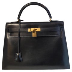Hermès Vintage Black 32 Kelly Bag 1990s with Gold Tone Hardware