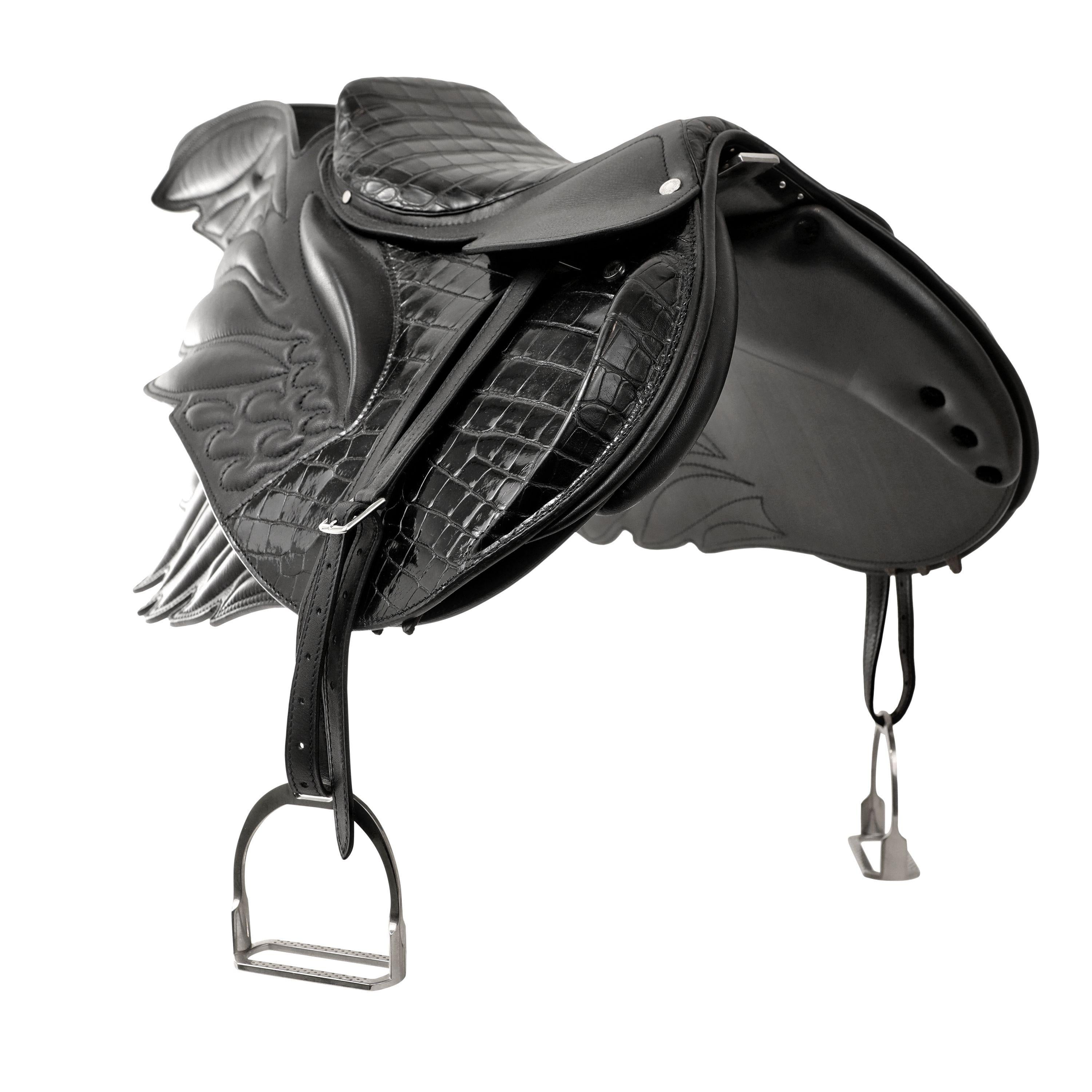 Hermès Black Alligator and Leather Pegasus Saddle Sculpture In Excellent Condition For Sale In Palm Beach, FL